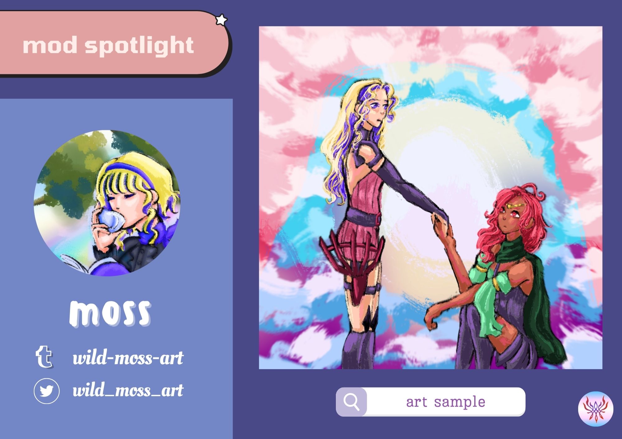 Mod Spotlight, featuring moss's socials (tumblr: wild-moss-art; twitter: wild_moss_art) and art they've drawn. The art is a digital painting of Constance and Hapi. Kneeling, Hapi takes Constance's hand. They're positioned against a backdrop of white, blue, pink that mimics the sea and the sky.