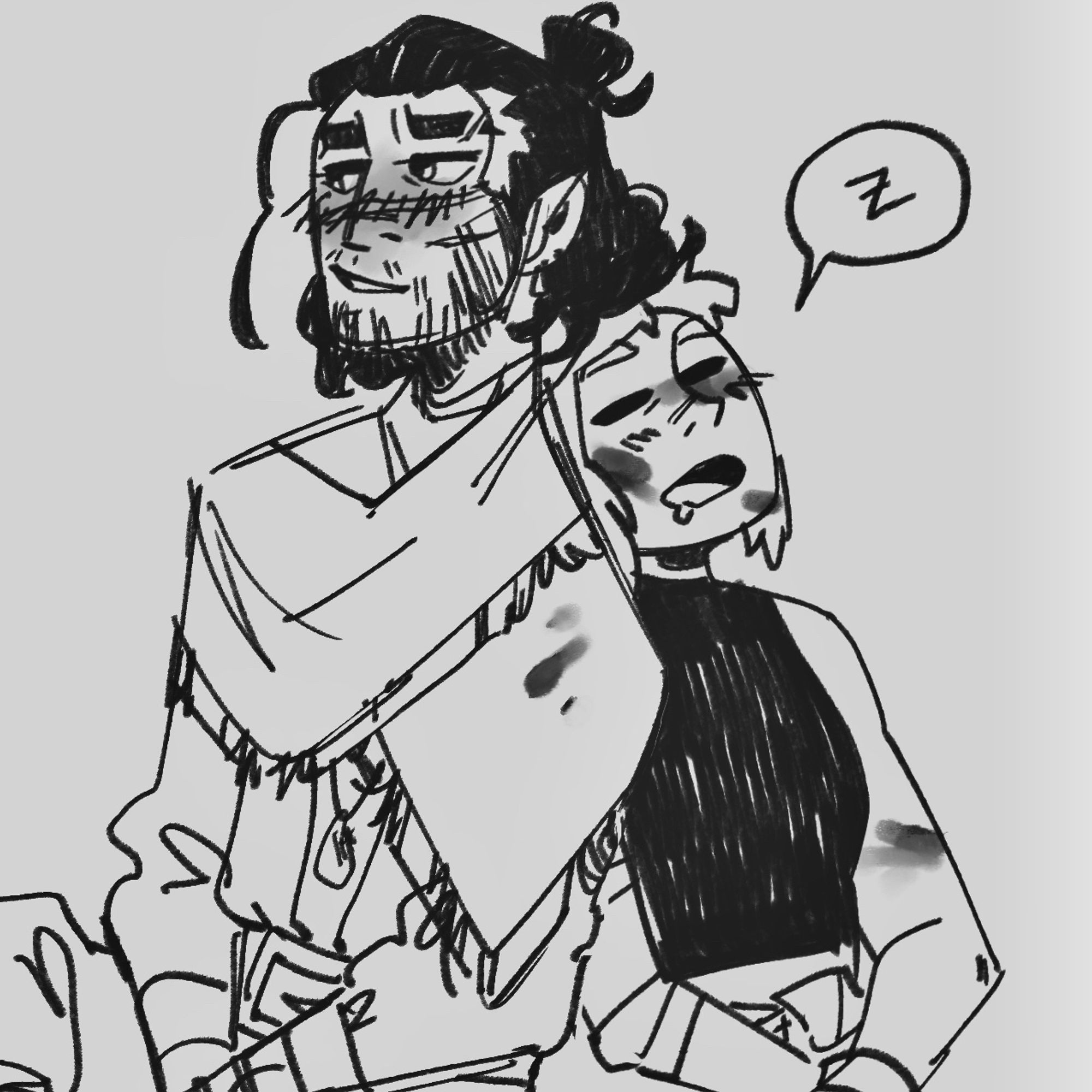 A greyscale sketch of Shadrach (tall, scruffy, cleric, faetouched human) and Flick (part tiefling, small, artificer). They are leaning against each other. Shadrach is looking away, embarassed, while Flick sleeps against his back. She is covered in grease, and has wiped some on his scarf.