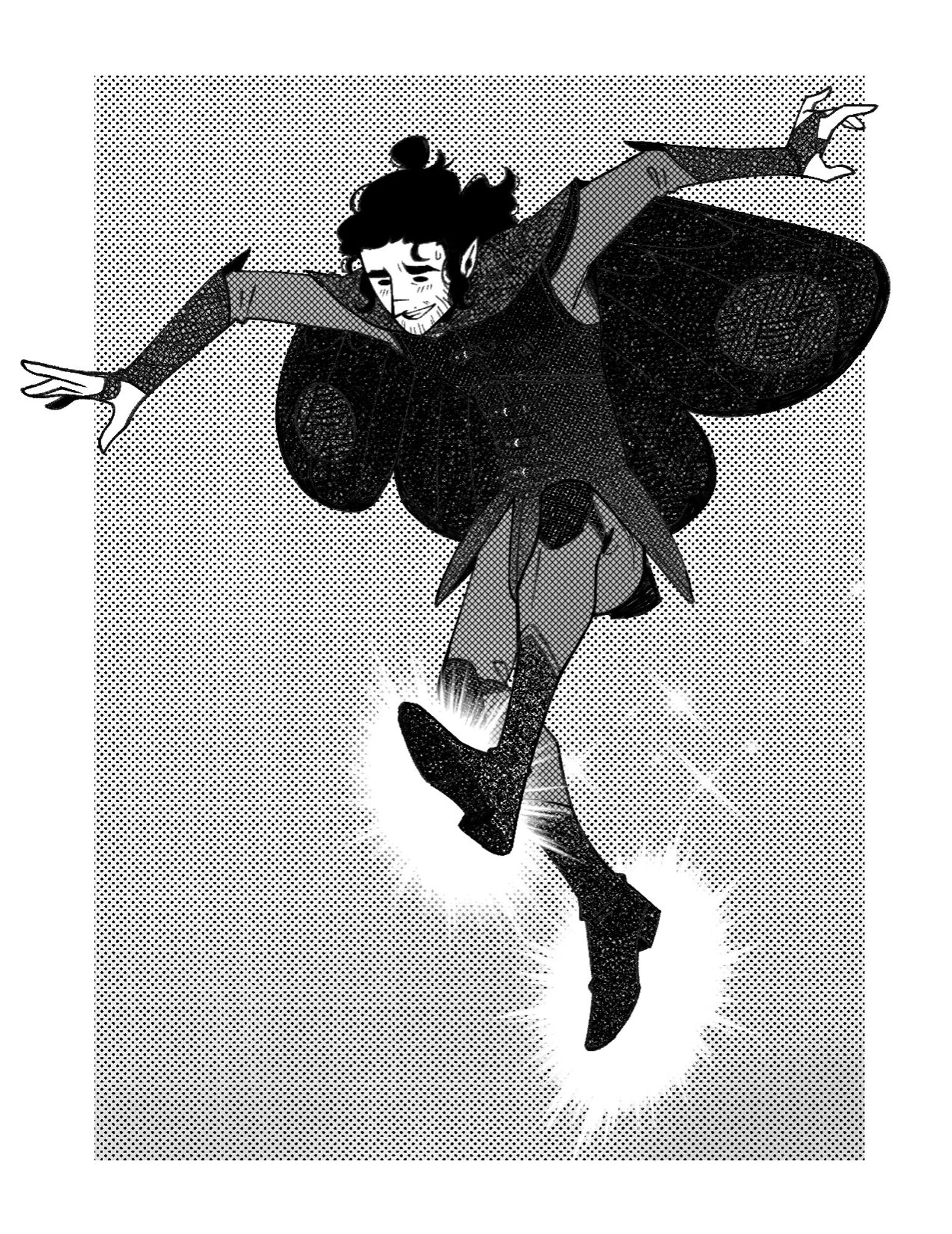 A halftone illustration of a lanky young man with dark hair looks excited but scared as he soars through the air. The bottom of his feet are glowing, and his half cape is floating behind him like moth wings.