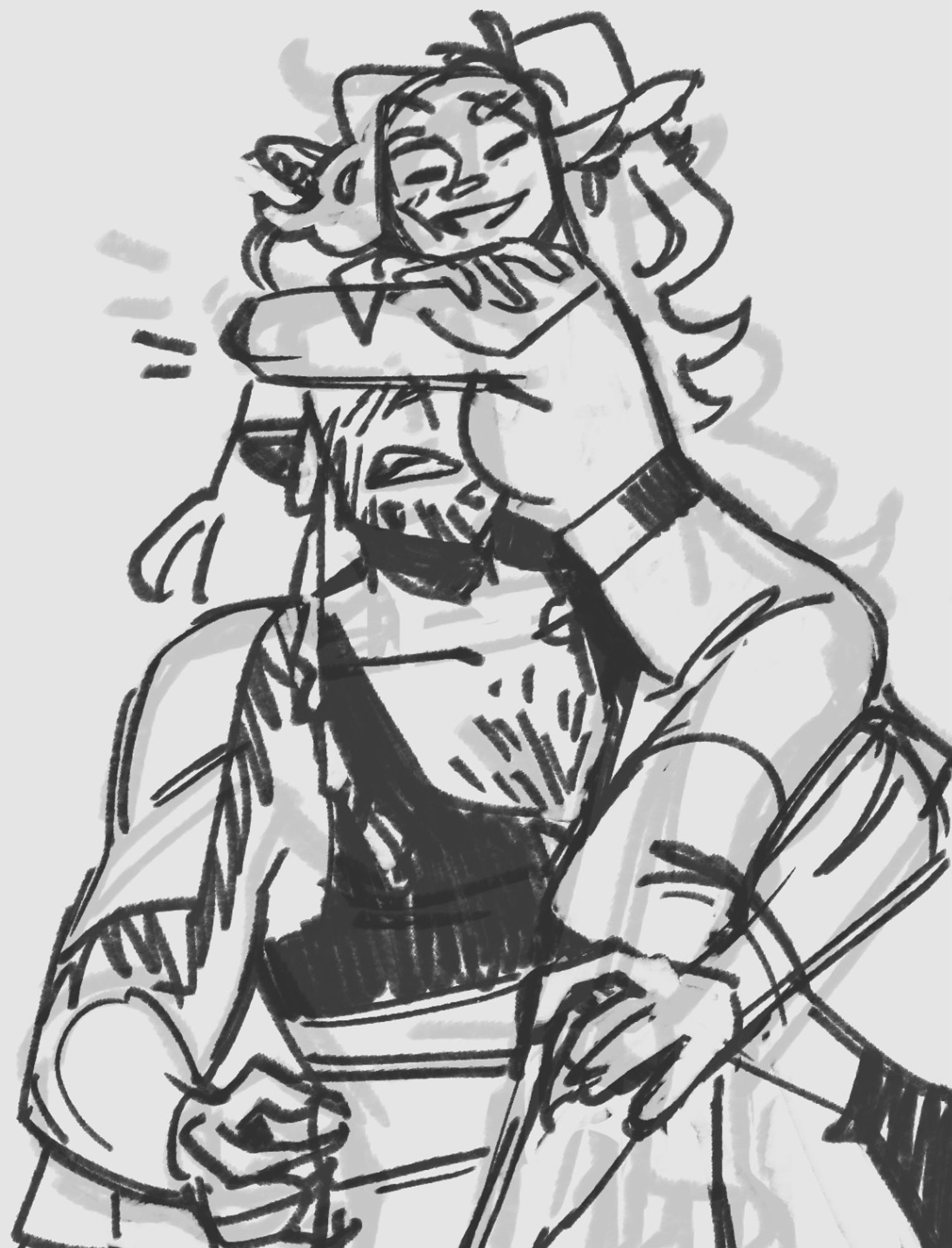 A rough greyscale sketch of Keri (Wrynns twin, a cow-girl in a cute dress) being held by Yves (large tiefling masc). She has her arms wrapped around his face and head. She looks very happy. Yves looks surprised. Their eyes are covered and they don’t know what to do with their hands.