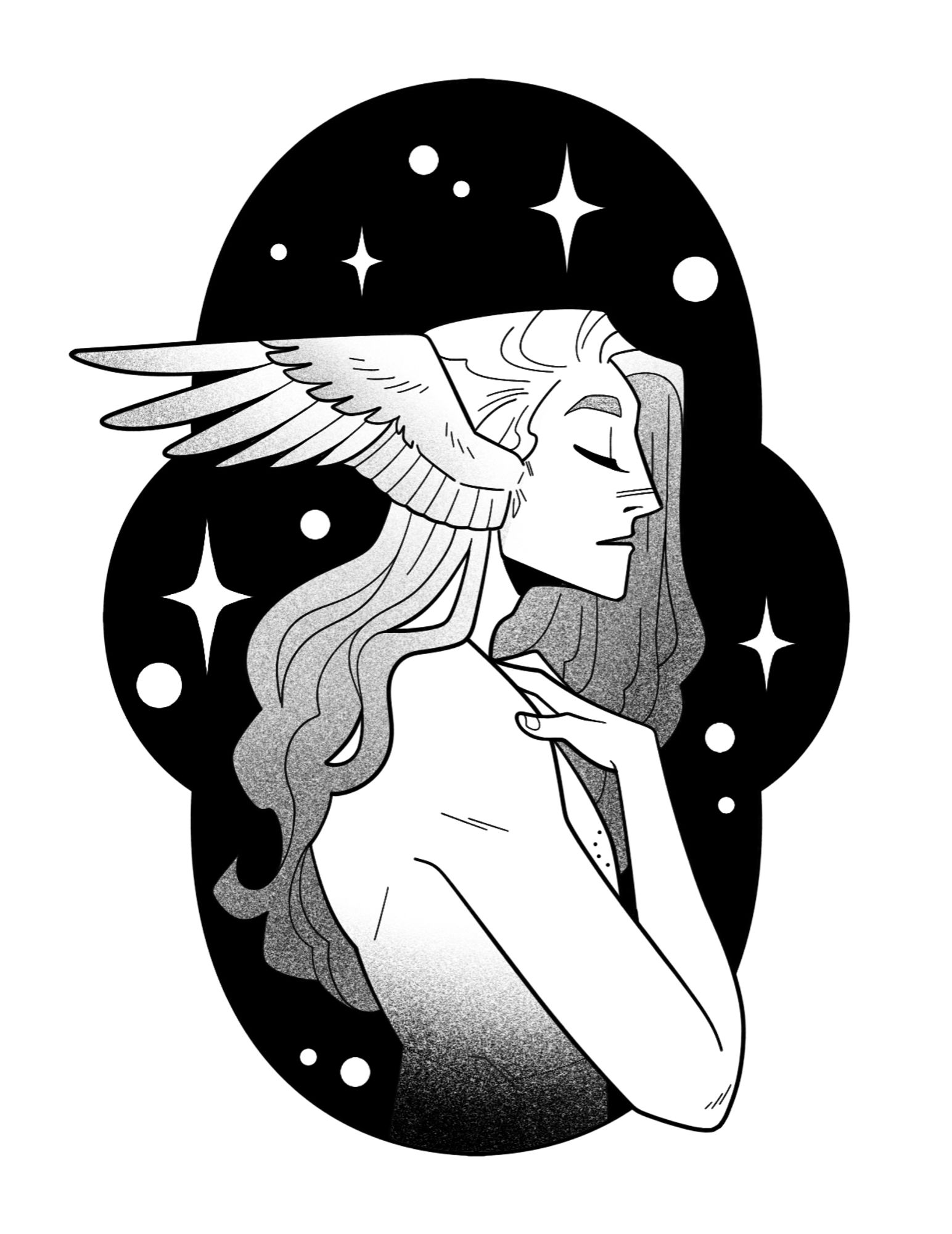 A black and grey illustrative tattoo design of a serene, nude, masc figure with long hair in profile. They have feathered wings where there would normally be ears. They are on a starry background