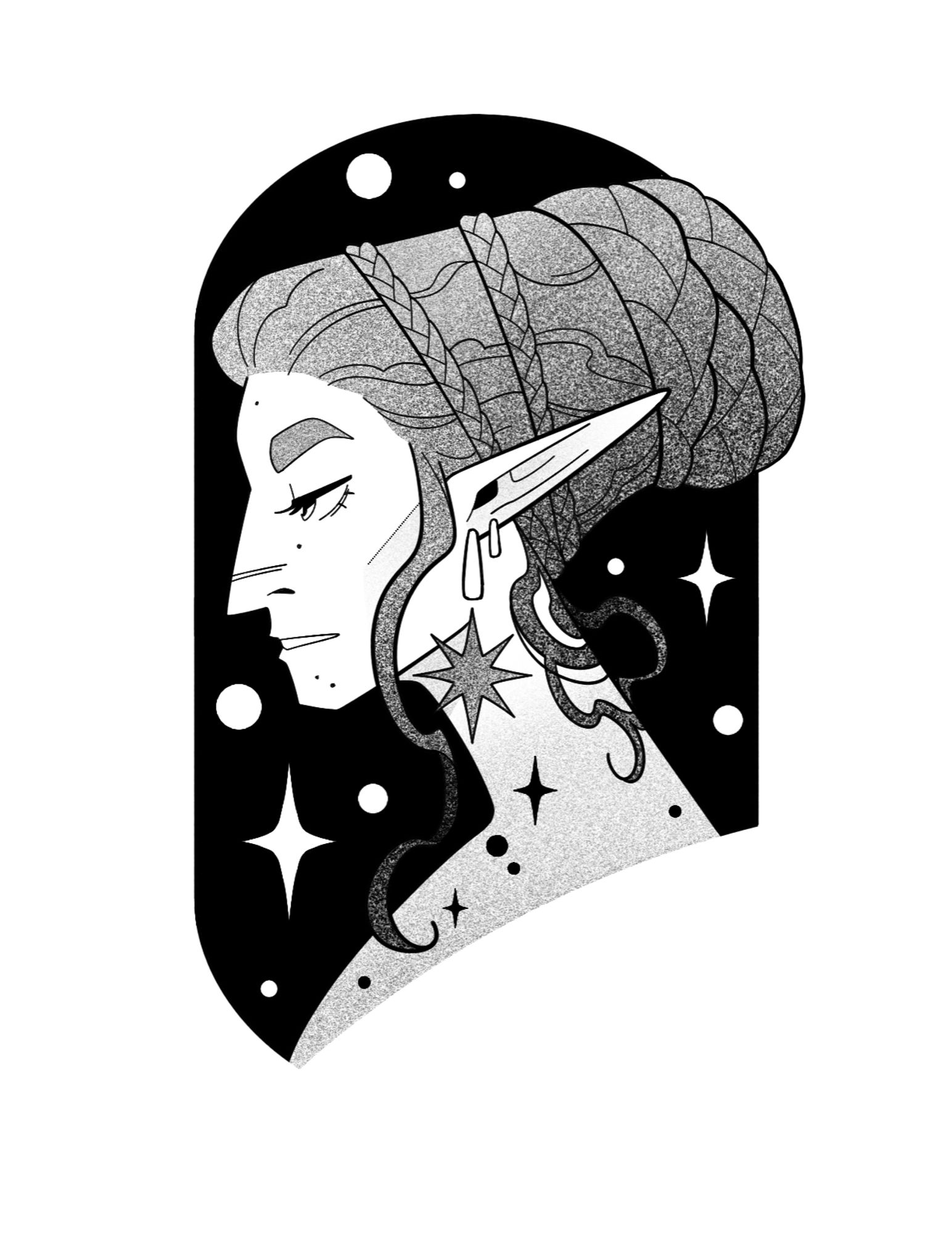 A black and grey illustrative tattoo design of a stern looking femme elf in profile with stars on her skin. She is on a starry background.