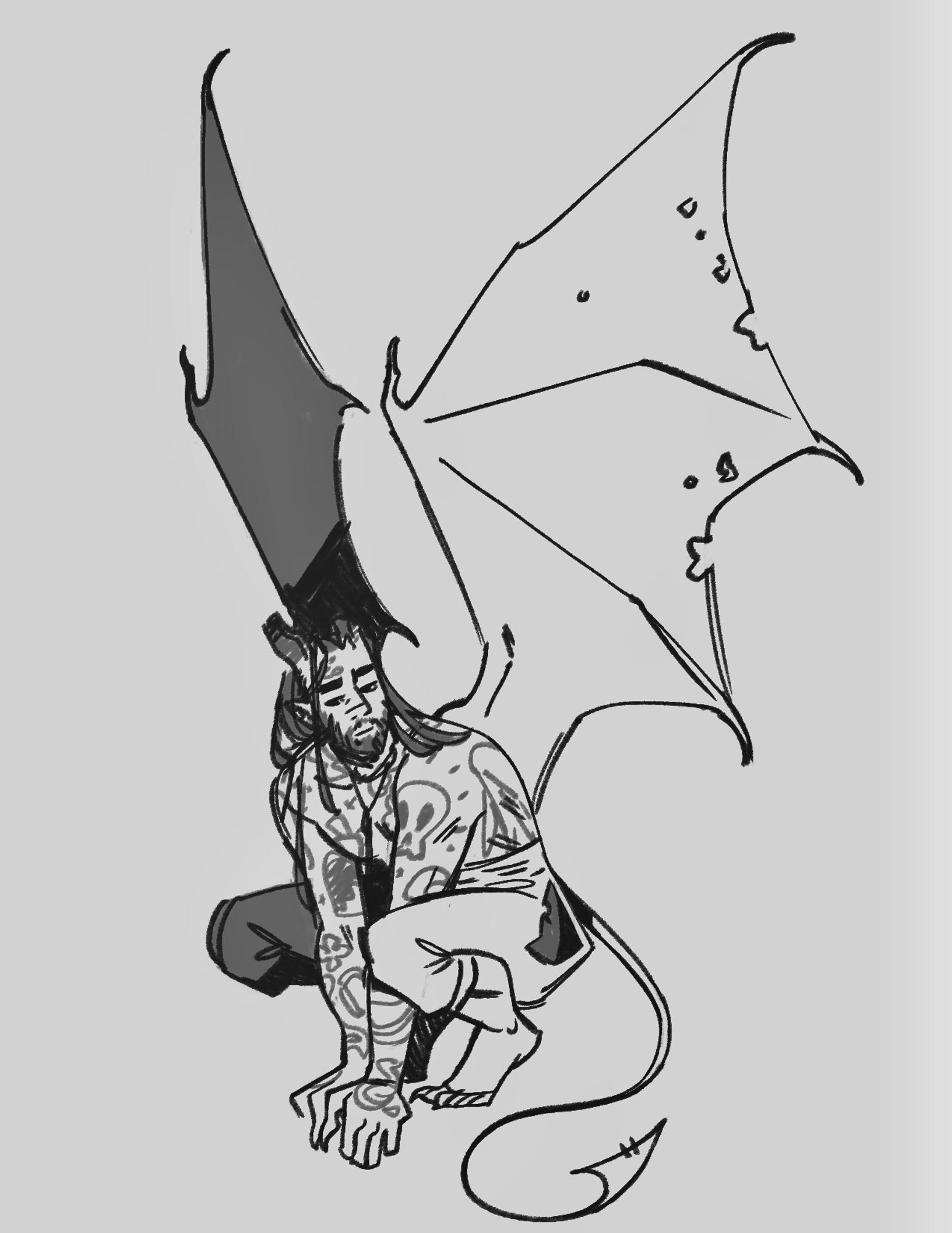 A tattooed tiefling/cambion (yves), is crouched with their hands between their feet. They have a blank expression. Large batlike wings stretch out above them from their back.