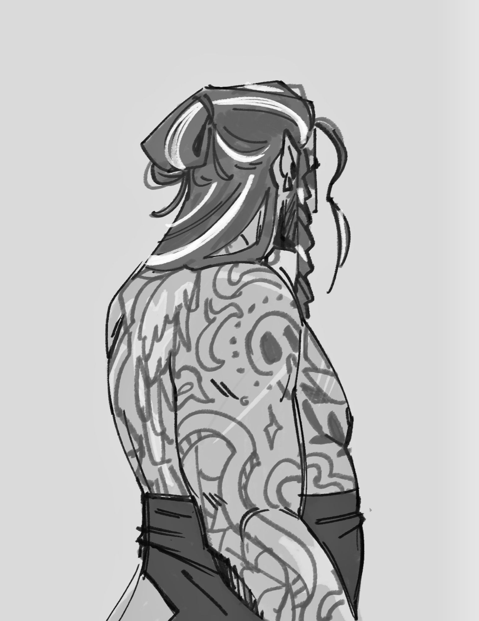 A back view of a barrel-chested tiefling. His shirt is off, revealing a scarred, tattoo-covered torso. His hair, long and dark with prominent grey streaks, is swept off to the far side. He has scars from his shoulders down his back, where wings were removed.