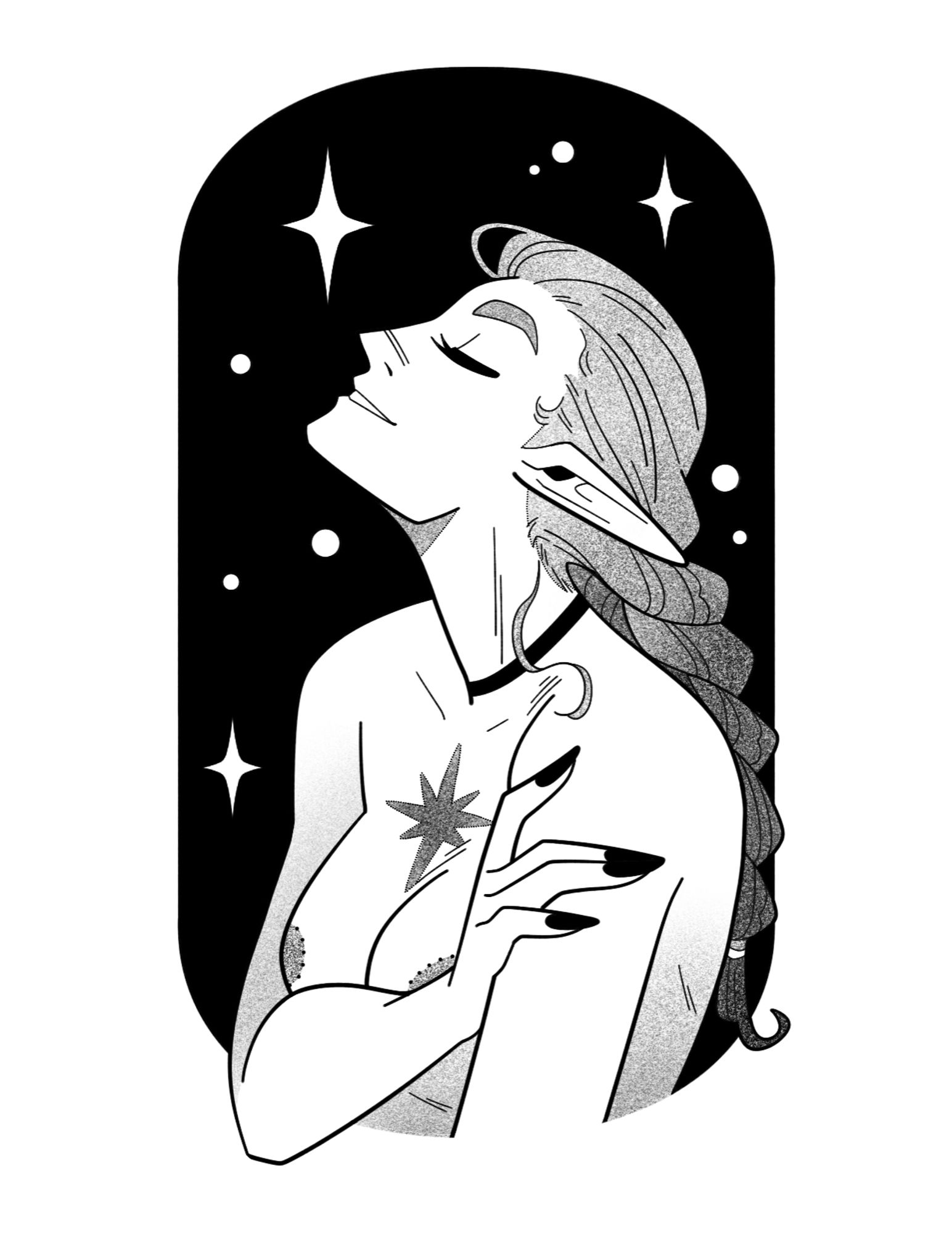 A black and grey illustrative tattoo design of a nude, serene, femme elf on a starry background drawn in profile.