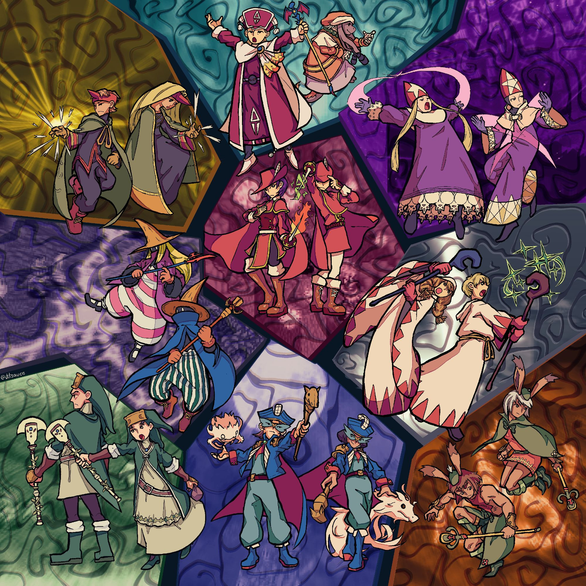 from left to right, up to down, 18 characters are displayed in groups of two, containing Summoners, Sages, Time Mages, Black Mages, Red Mages, White Mages, Illusionists, Blue Mages and Green Mages