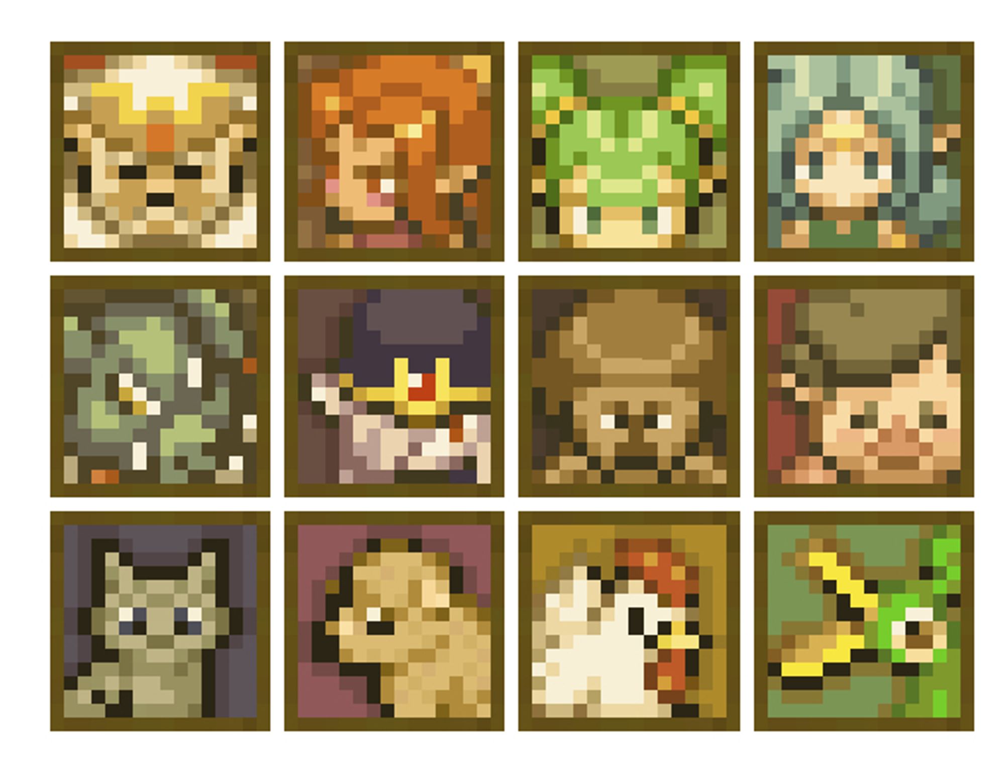 1x1 paintings of the King of Hyrule, Din, Farore, Nayru, Ganon, Vaati, Beedle, Carlov, a cat, a dog, a cucco, and Ezlo.