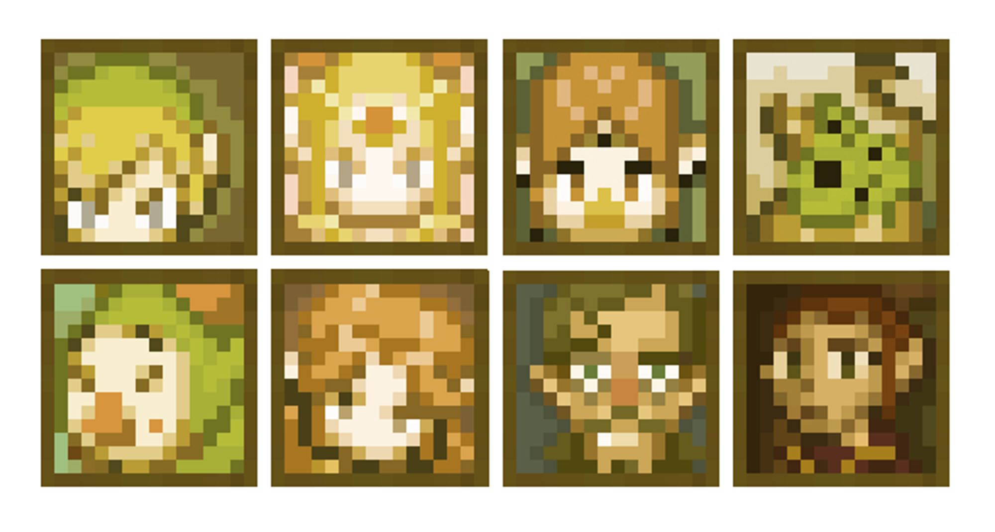 1x1 paintings of Link, Zelda, Medli, Makar, Tingle, Malon, Linebeck, and Zelda's late mother.