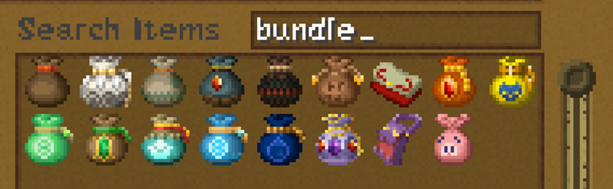 -Regular Bundle: Bomb Bag OoT
-White: Giant Wallet SS
-L. Gray: Seed Satchel OoS
-Gray: Big Wallet TP
-Black: Bomb Bag TP
-Brown: Bullet Bag OoT
-Red: Delivery Bag WW
-Orange: Giant Wallet OoT
-Yellow: Bombchu Bag PH
-Lime: Small Wallet SS
-Green: Wallet TP
-Cyan: Bomb Bag SS
-L. Blue: Medium Wallet SS
-Blue: Bomb Bag WW
-Purple: Colossal Wallet TP
-Magenta: Spoils Bag WW
-Pink: Bait Bag WW