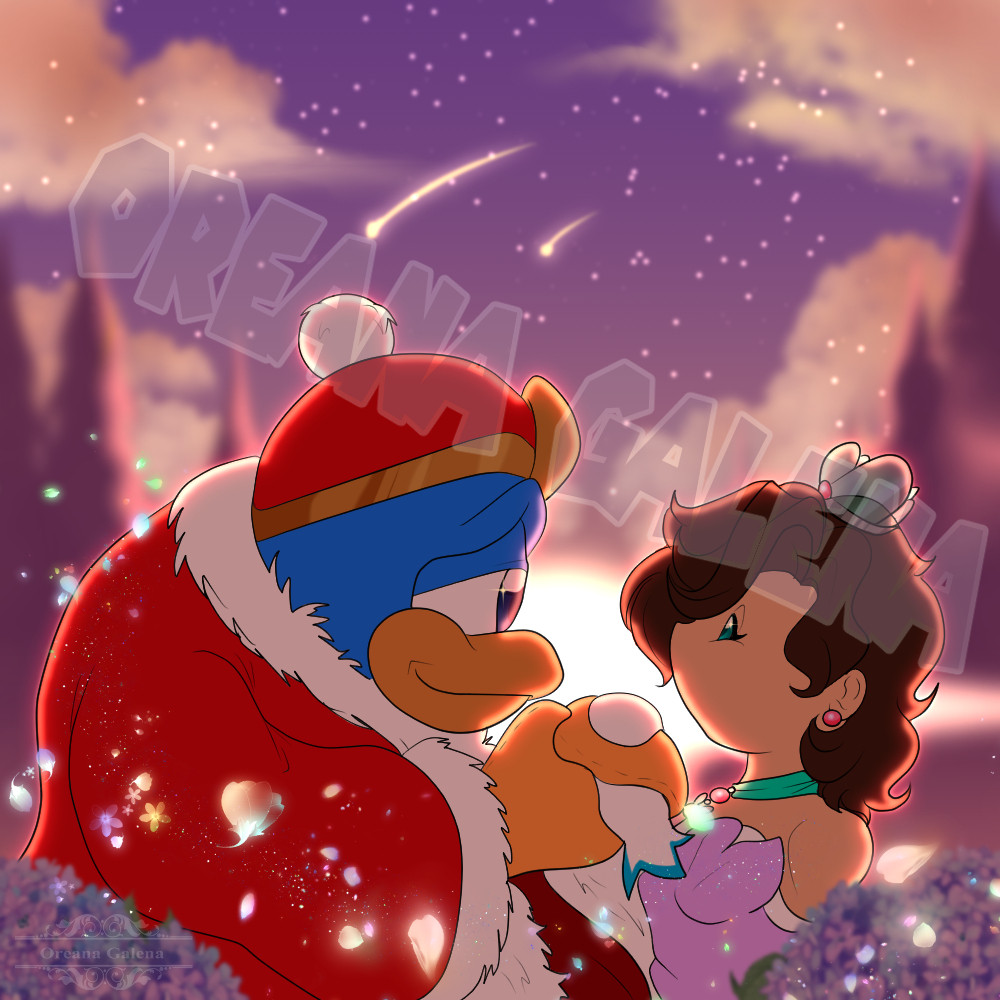 King Dedede from Kirby at sunset with Dawn's original character, Queen Clara. The two are holding hands with the setting sun behind them, flowers and flower petals are all about the front of the image and shooting stars in the distance. 