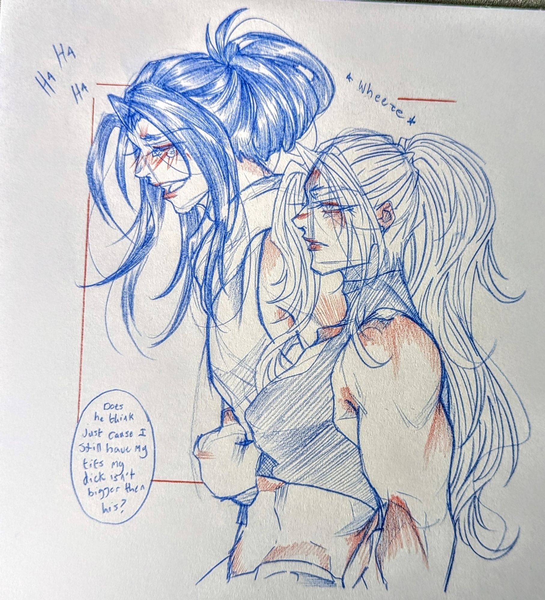 Keigo being annoyed with another individual's attitude, making his friend Adya laugh.

Keigo says "Does he think just cause I still have my tits, my dick isn't bigger than his?"

Adya is holding his stomach laughing, whilst Keigo stands glaring forwards.