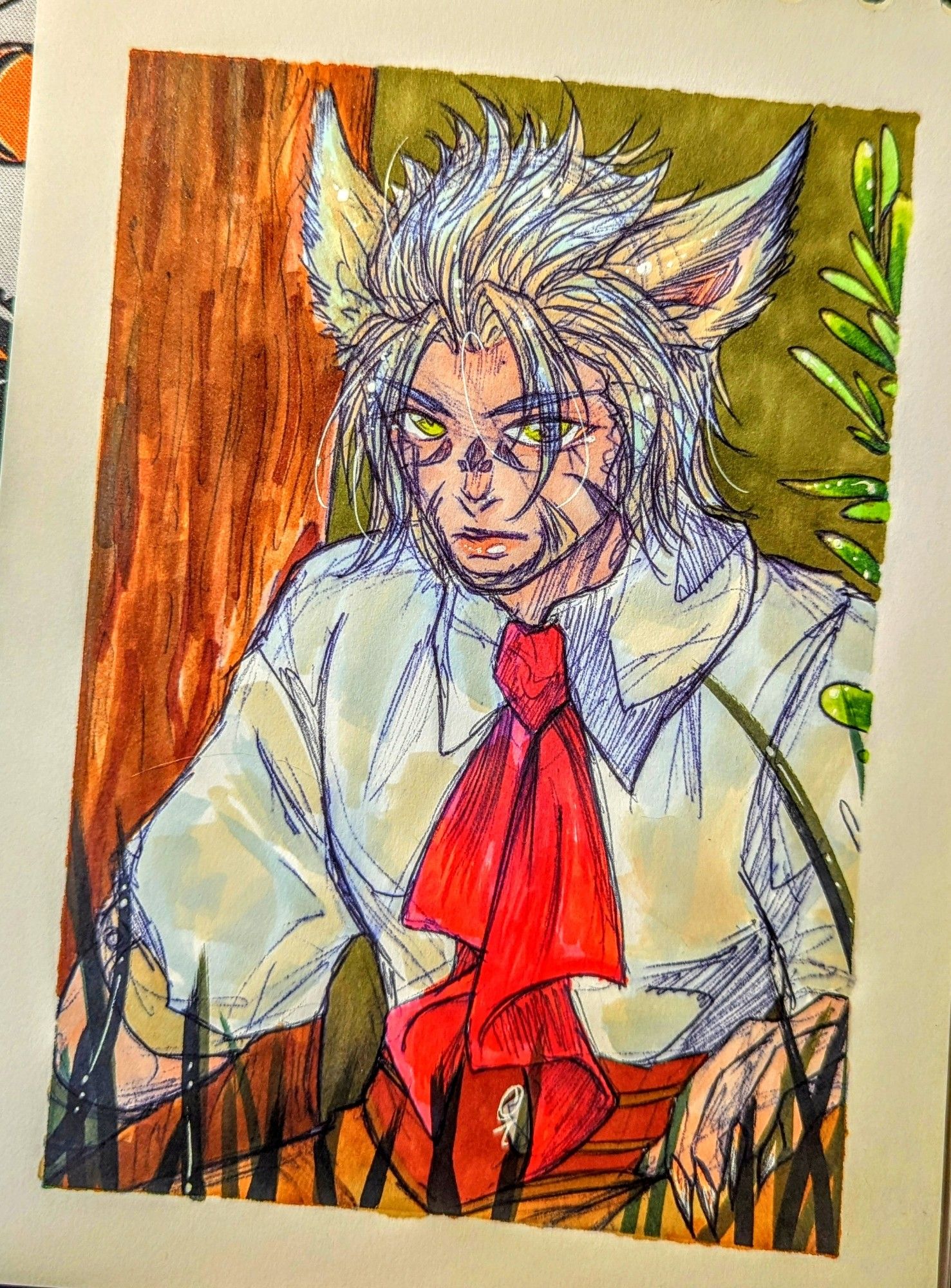 Keeper Miqo'te OC, Nurha'ya Maoui - silver green haired young man with vibrant green eyes knelt down in the cover of long grass observing others in the distance.