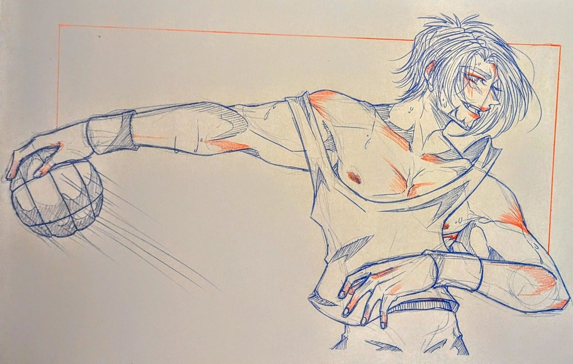 Young man playing basket ball, passing the ball from left hand to right whilst grinning and looking excited. Freshly healed scar under his pec from gynecomastia surgery. Drawing is done in blue and red pencil crayon.