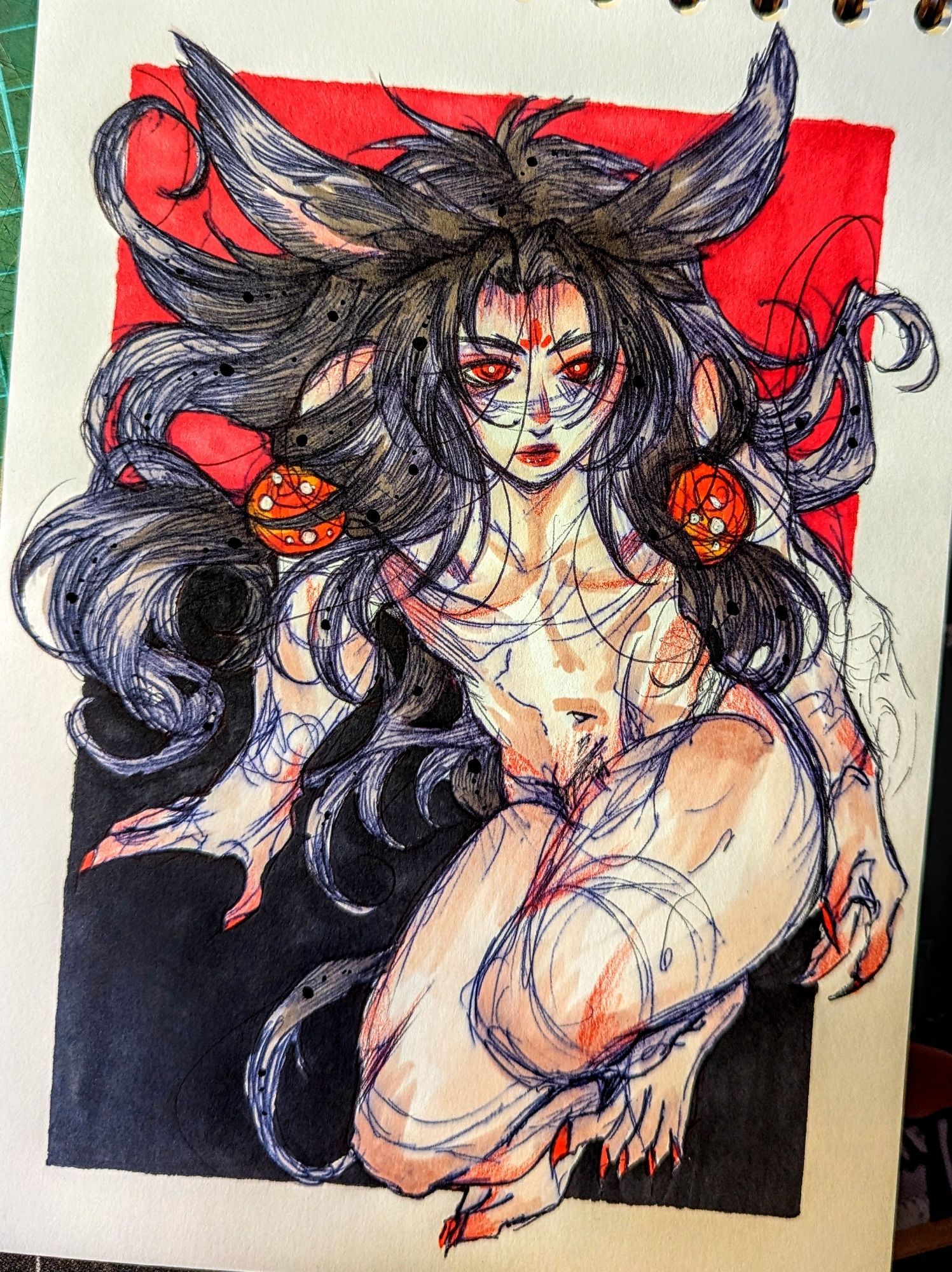 Veena Viera OC Kota. Kota is nude but with no genitalia on display - long black hair and ears with scarlet eyes and decorative beads in their hair.