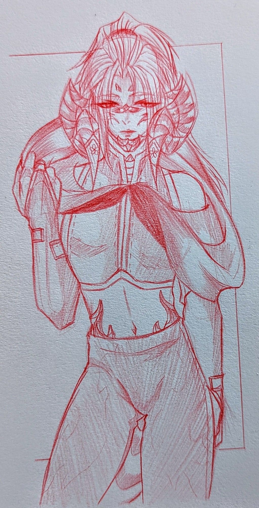 FFXIV OC Khajii
Drawn in red pencil
Androgynous individual, hair tied up in a long ponytail, pulling back an oversized hood.