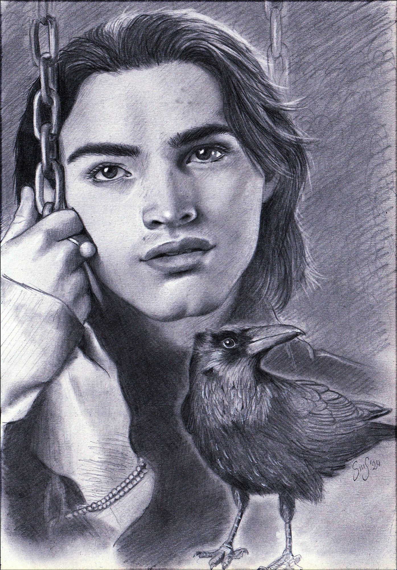 A pencil portrait of Monty (played by Jushua Colley) from the show Dead Boy Detectives. In the right bottom corner is a drawing of a crow. Monty is leaning his face against his hand and the chain from a swing, which he's holding with both hands.