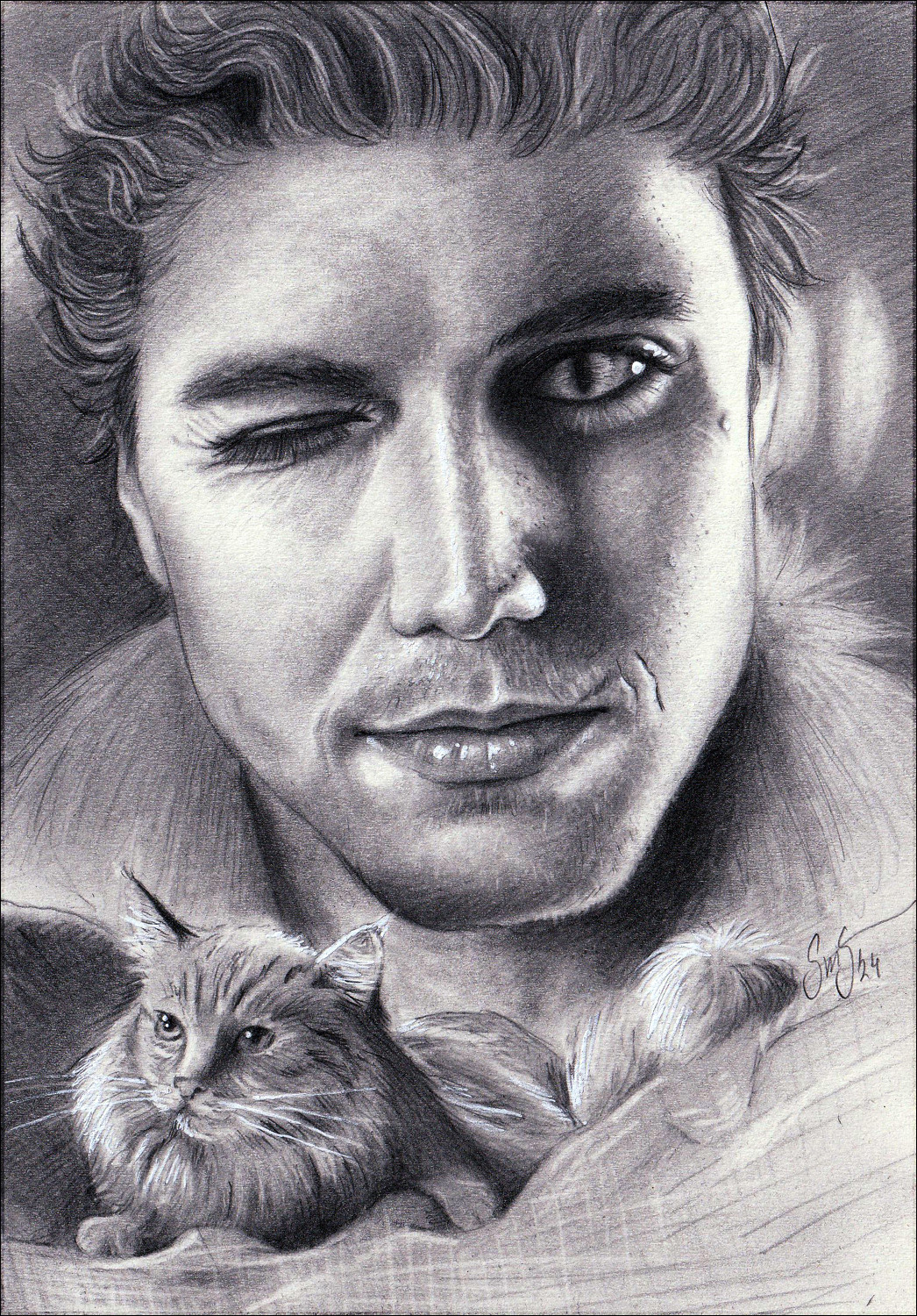 A pencil portrait of the Cat King (played by Lukas Gage) from Dead Boy Detectives. Below the portrait is a pencil drawing of the cat form of the Cat King.