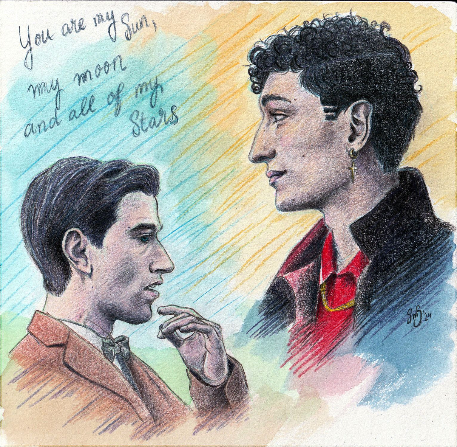 A colorful colored pencil drawing of Edwin Payne and Charles rowland from Dead Boy Detectives. We see them both in profile. Edwin's on the left, facing to the right, and Charles is on the right, facing to the left. The quote 'You are my sun, my moon, and all of my stars' is in the top left.