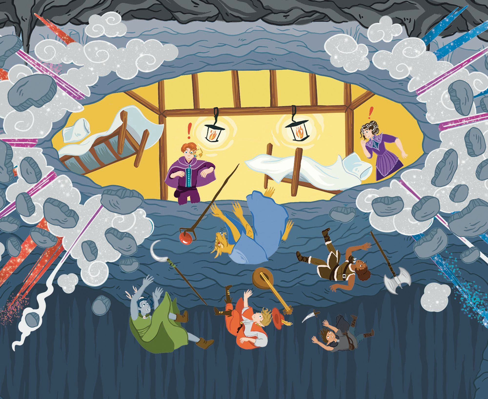 illustration from d&d adventure puzzle : the party falls through a hole created by a magical explosion into a deep cavern