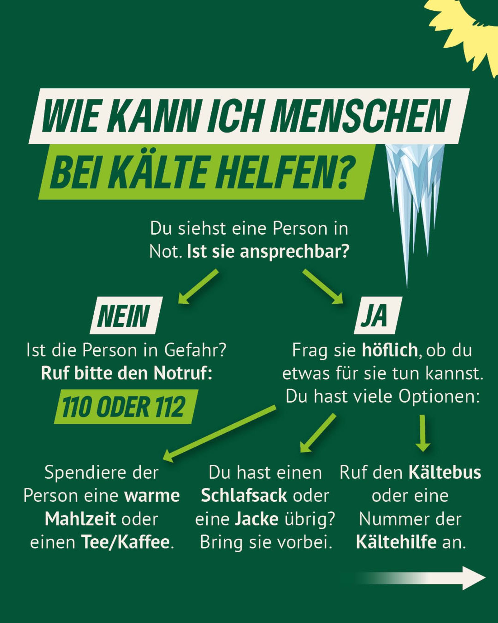 Dunkelgrüner Hintergrund, darauf eine Art Pfeildiagramm. Überschrift: "Wie kann ich Menschen bei Kälte helfen?" Darunter der Text: "Du siehst eine Person in Not. Ist sie ansprechbar? Nein: Ist die Person in Gefahr? Ruf bitte den Notruf: 110 oder 112. Ja: Frag sie höflich, ob du etwas für sie tun kannst. Du hast viele Optionen: 1. Spendiere der Person eine warme Mahlzeit oder einen Tee/Kaffee. 2. Du hast einen Schlafsack oder eine Jacke übrig? Bring sie vorbei. 3. Ruf den Kältebus oder eine Nummer der Kältehilfe an.