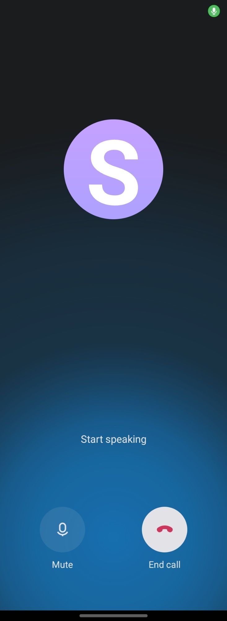 A screenshot that resembles a phone call. It has the AI's profile picture (a giant letter S) and reads start speaking, with buttons mute, and end call.