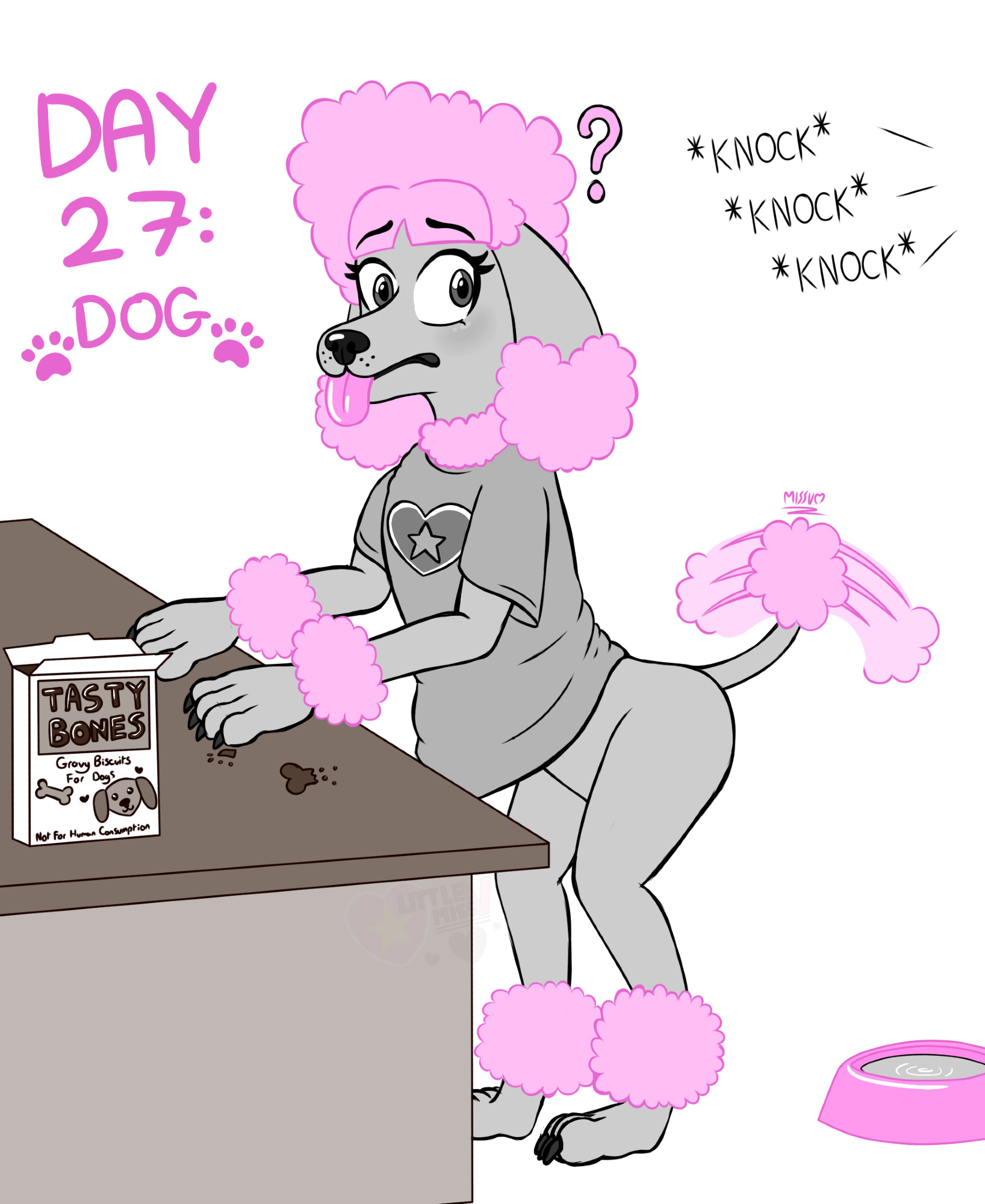 A Single Sketched Image of Vivian Transforming into a Poodle. She has eaten a Dog Treat, from a box that reads "TASTY BONES" followed by "Gravy Bones for Dogs" with a warning on bottom reading "Not for Human Consumption". Vivian has noticed someone knocking on the door, possibly unsure about being seen transforming into a Dog, however her tail wagging seems to imply animal instincts are taking over...