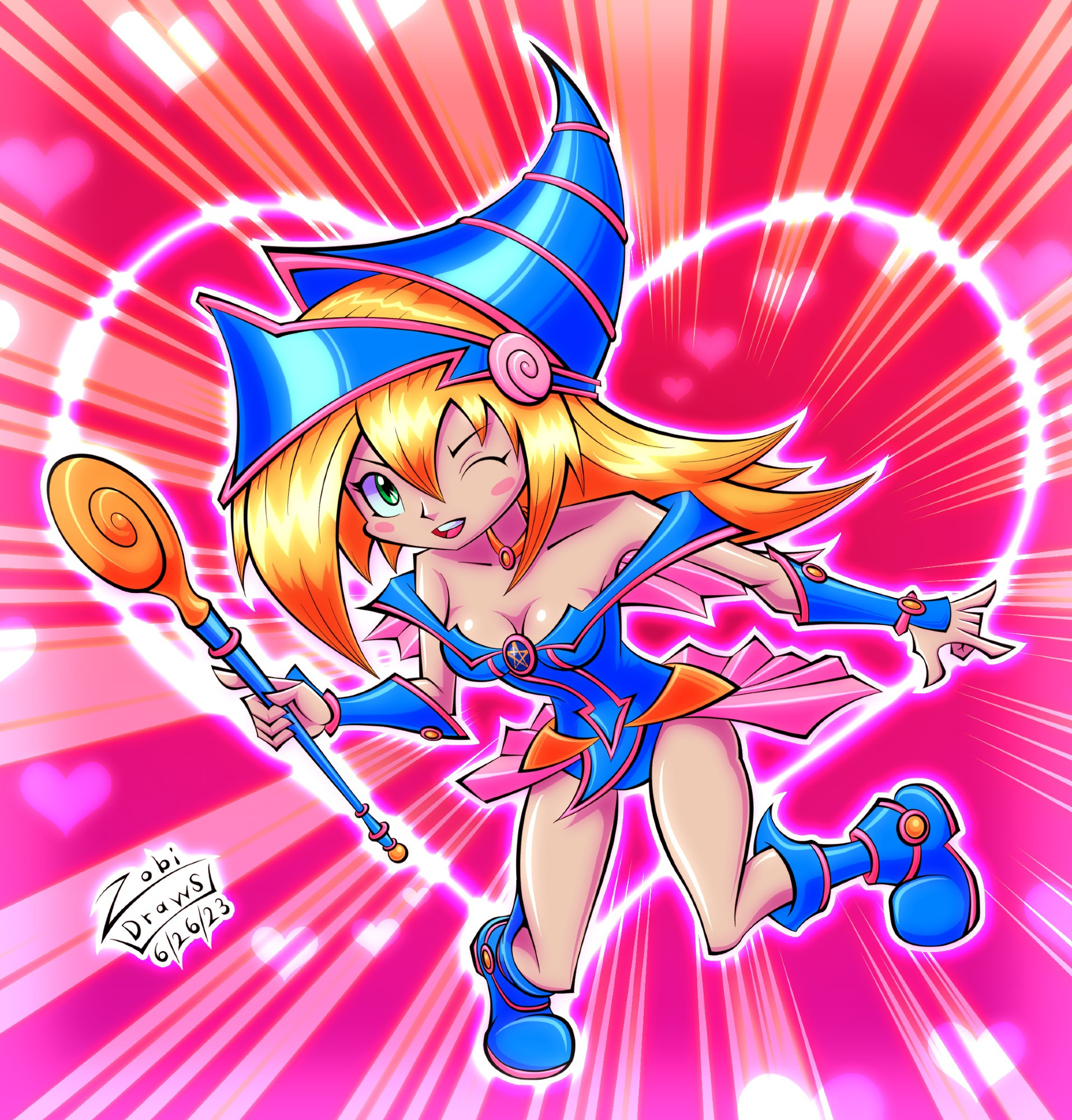 Fanart drawn by Zobi Draws of Dark Magician Girl or Black Magician Girl from the trading card game YuGiOh or Yu-Gi-Oh!