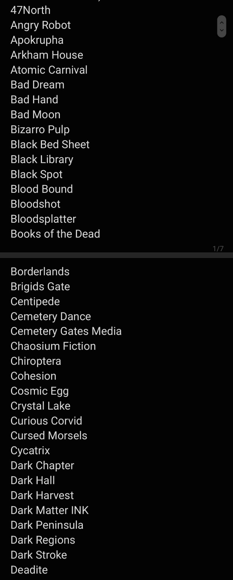 47North
Angry Robot
Apokrupha
Arkham House
Atomic Carnival
Bad Dream
Bad Hand
Bad Moon
Bizarro Pulp
Black Bed Sheet
Black Library
Black Spot
Blood Bound
Bloodshot
Bloodsplatter
Books of the Dead
Borderlands
Brigids Gate
Centipede
Cemetery Dance
Cemetery Gates Media
Chaosium Fiction
Chiroptera
Cohesion
Cosmic Egg
Crystal Lake
Curious Corvid
Cursed Morsels
Cycatrix
Dark Chapter
Dark Hall
Dark Harvest
Dark Matter INK
Dark Peninsula
Dark Regions
Dark Stroke
Deadite