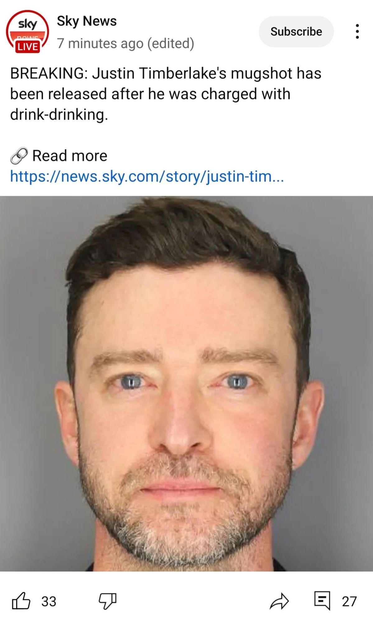 A post from Sky News's YouTube community feed. "BREAKING: Justin Timberlake's mugshot has been released after he was charged with drink-drinking."