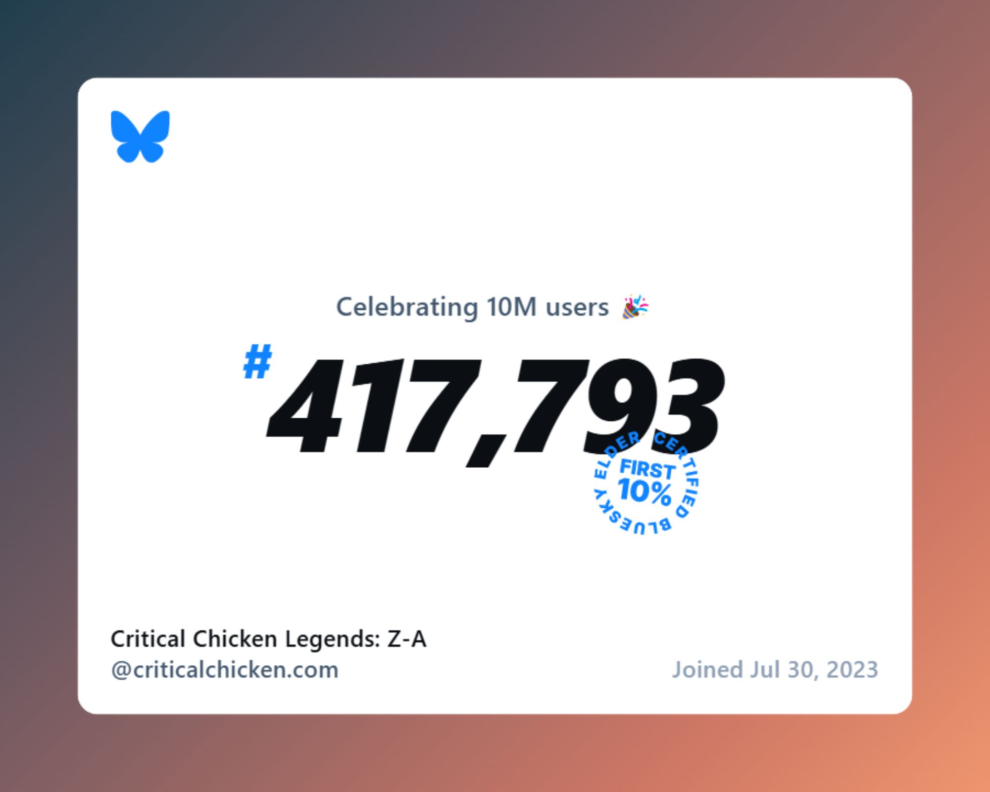 Bluesky is celebrating 10,000,000 users, and I was number 417,793. I joined on July 30th, 2023.