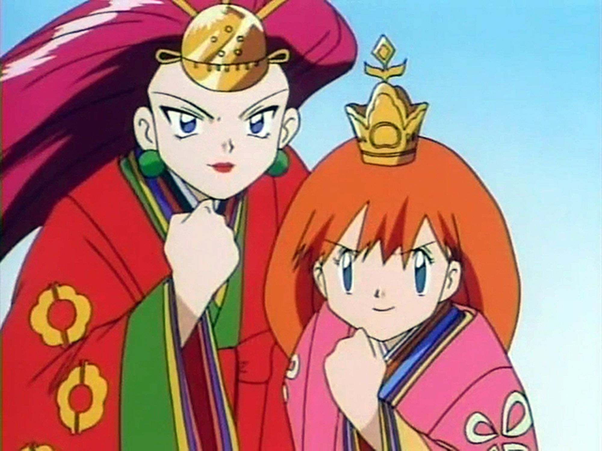 A screenshot from the Pokémon anime. Jessie and Misty, wearing kimonos, are competing against each other in the Queen of the Princess Festival (via Bulbapedia).