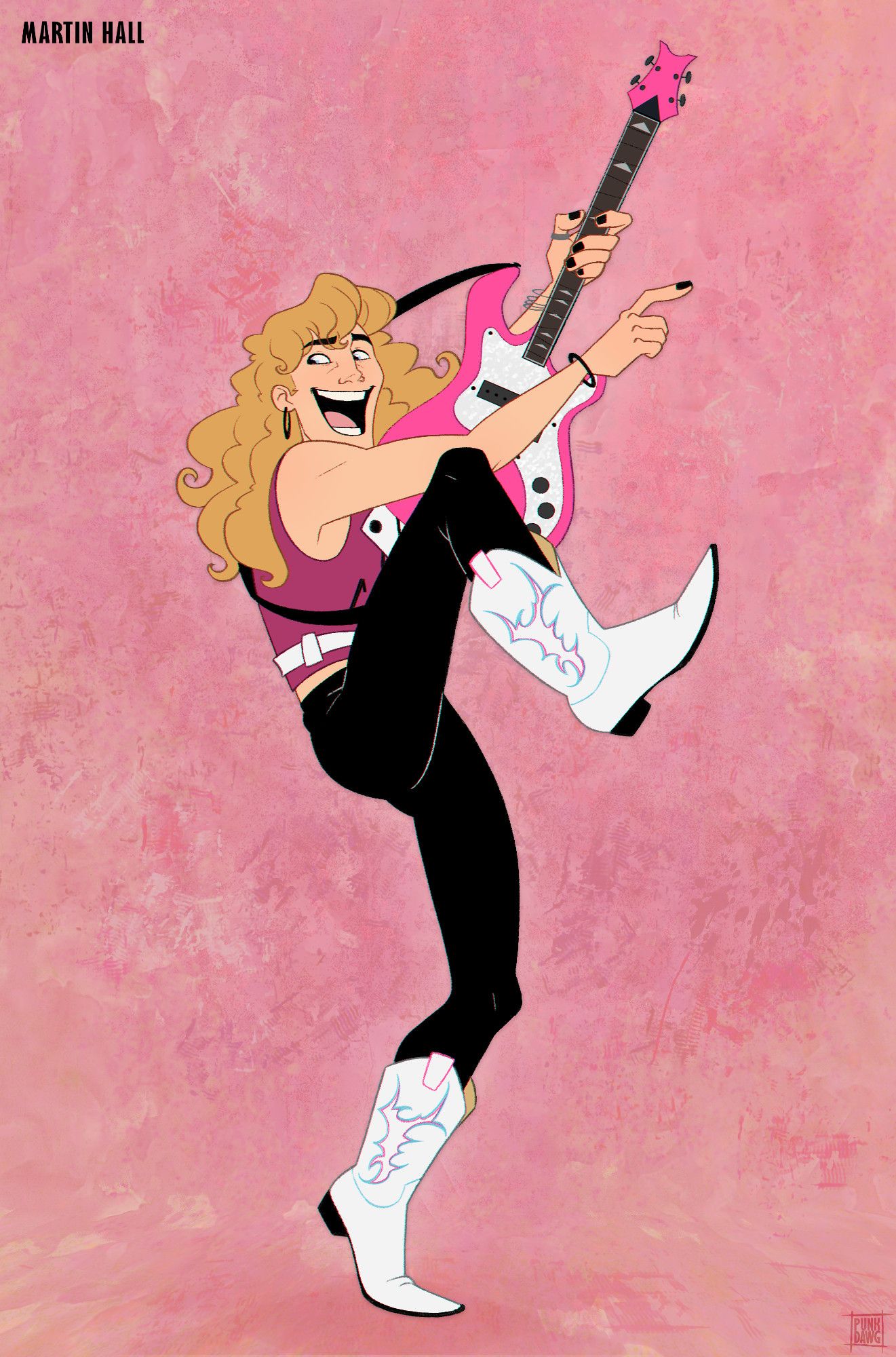 Drawing of my OC Martin, strinking a pose for an 80s-like band photoshoot. He is wearing a pink sleeveless leather jacket, black pants and white cowboy boots and holding a pink bass guitar.