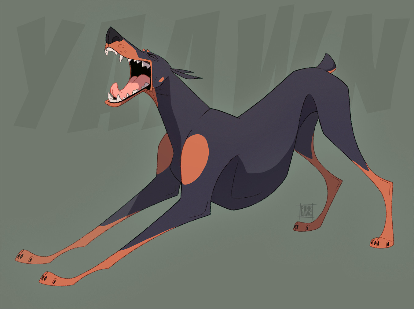 Digital drawing of my black and tan Dobermann OC Gunther yawning