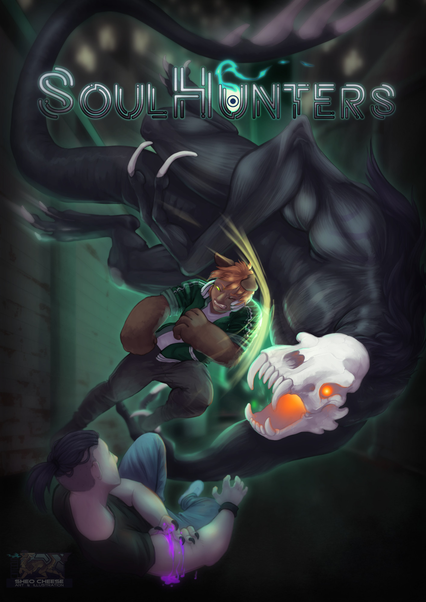 Digital painting depicting two characters fighting a monster with smooth black skin and a skull with glowing orange eyes for a head. One character is on the floor, back turned to the viewer and holding a wound that bleeds purple blood. The other character is charging at the moster and pushing it away from their companion. This character appears human, but has big, furry bear arms and dog ears. The text at the top reads "Soulhunters"