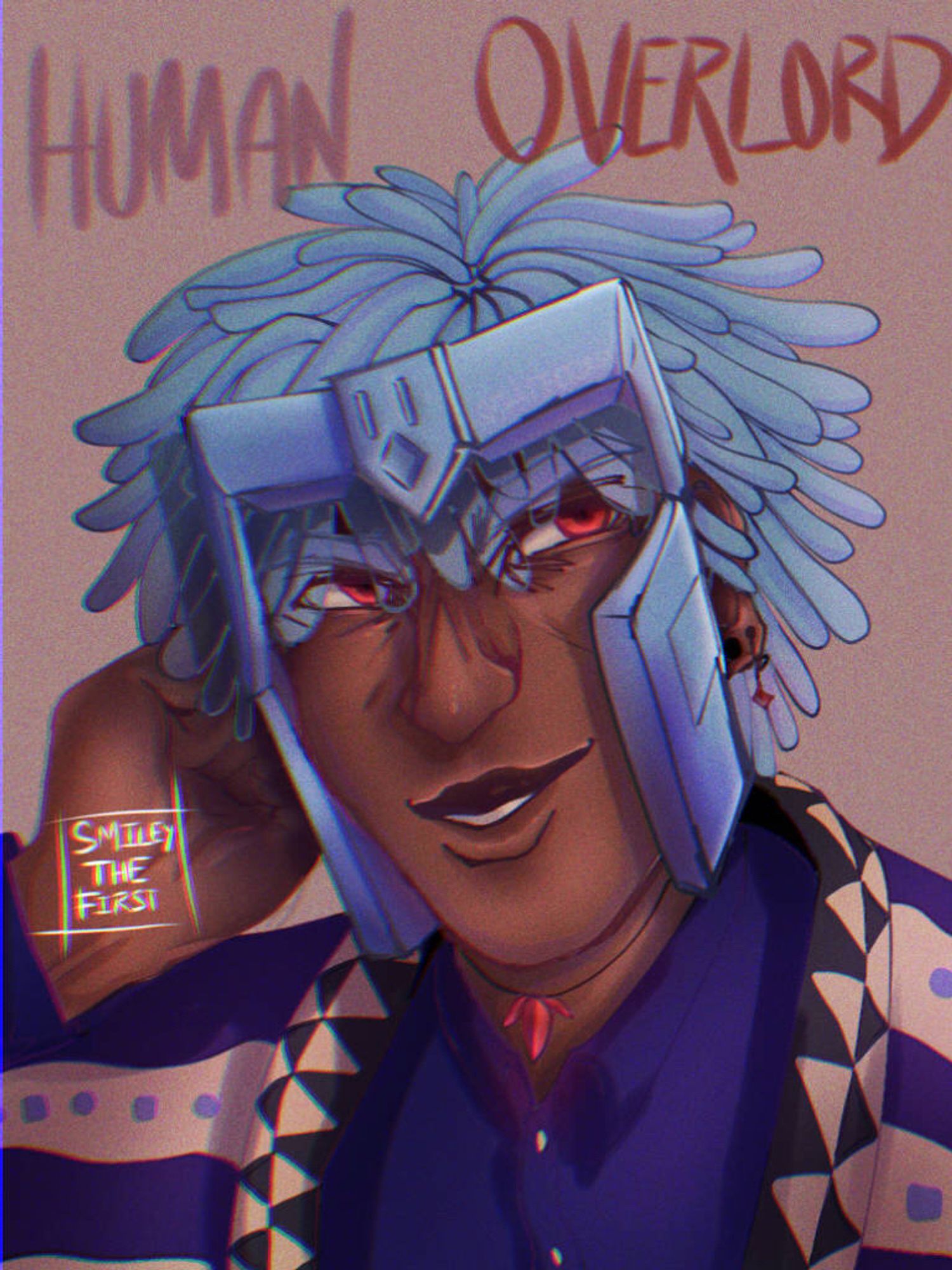 Human Overlord design, A man of African descent smirking at the camera with short light blue twists, a dark blue button up shirt, and a shawl.