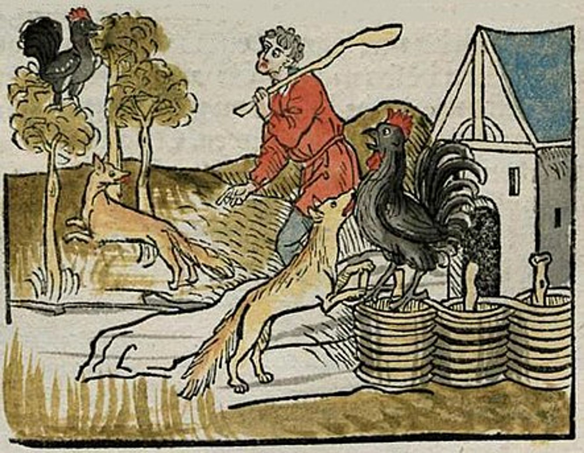 Illustration of Chaunticleer and the Fox (and a weird-ass farmer guy in the background who's drawn in that uniquely wiggly Medieval style)