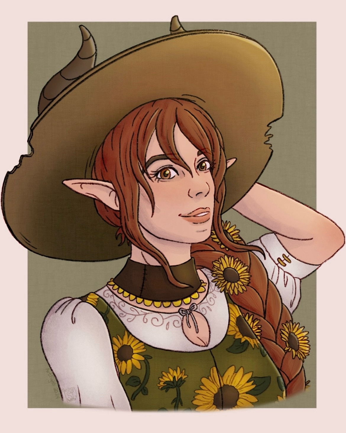 Artist, art post, artfight, art fight 2024, illustration, dnd, dungeons and dragons, Tiefling, digital art, sunflower, cottage core