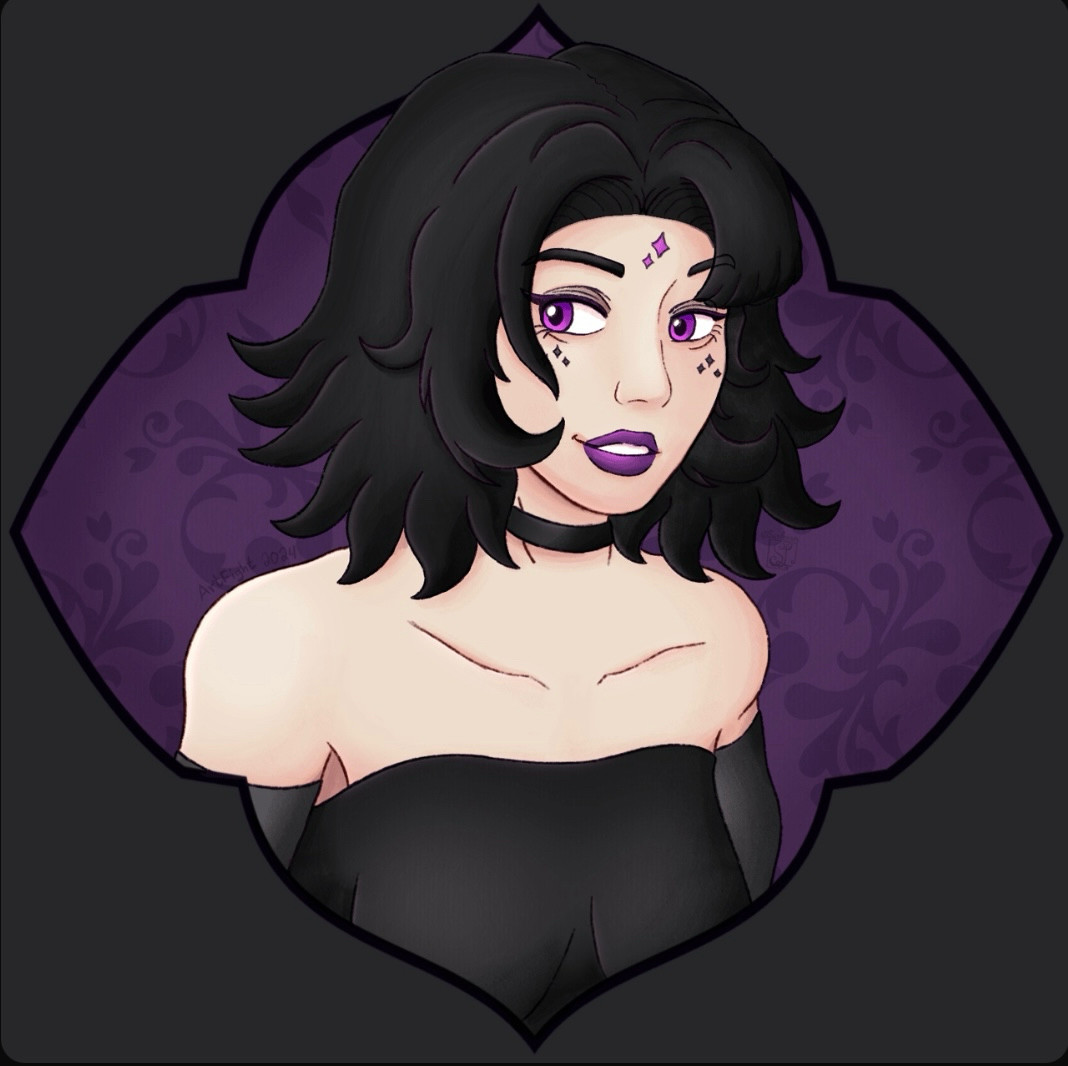 A very pretty hot beautiful goth girl with shoulder length black dark hair pink purple eyes and lips with stars drawn on face in a tube top and long black gloves and a choker Maddison Beer Make You Mine