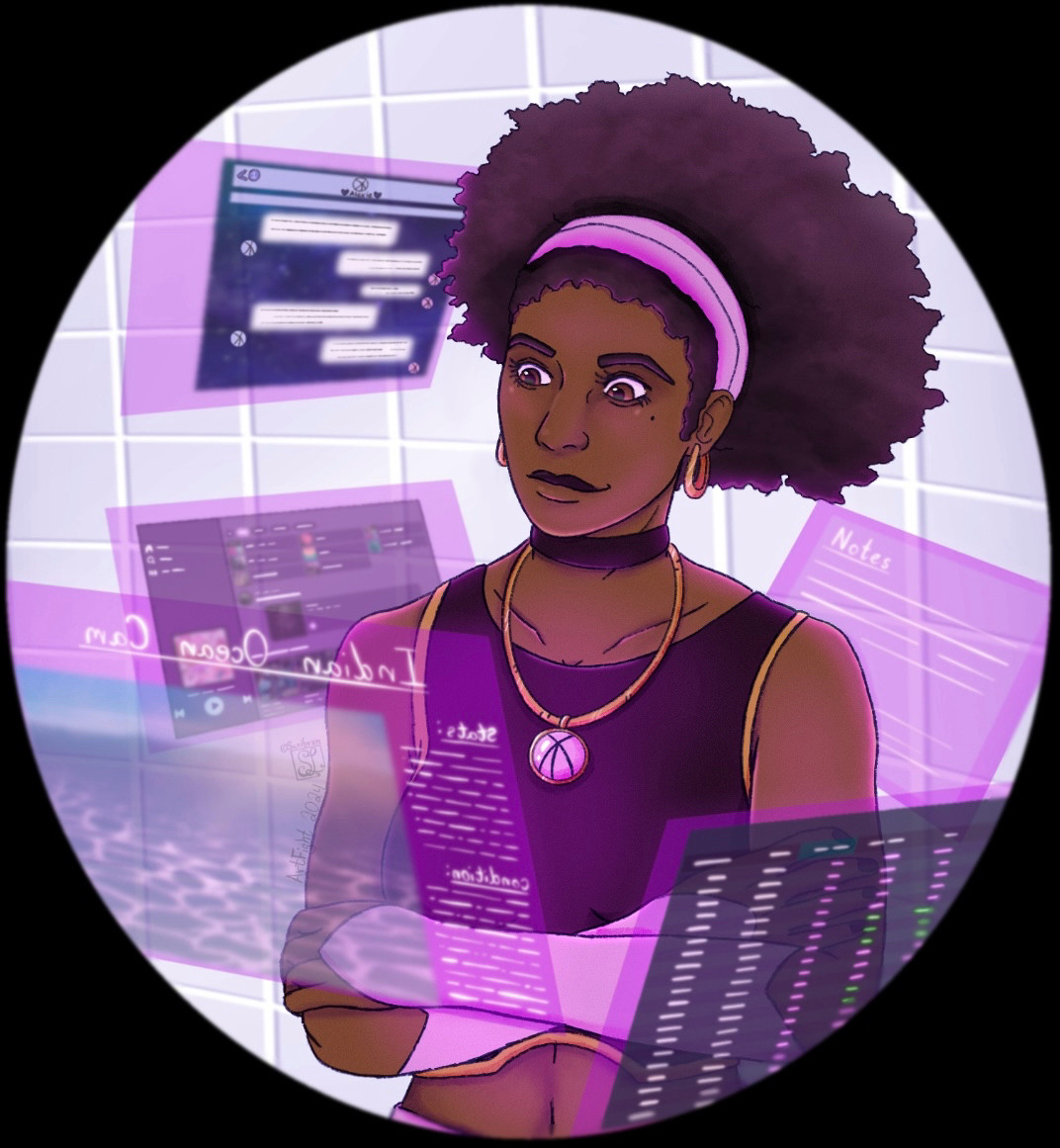 MTF Transgender She They Nonbinary Female Lesbian Moroccan woman on futuristic computer checking in on the Indian Ocean as its protector drawn digital art for Artfight Team Seafoam