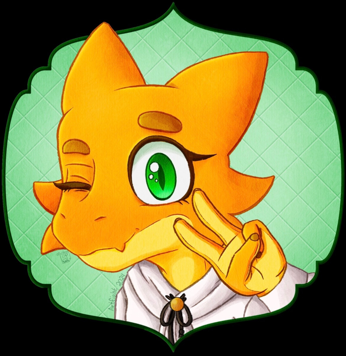 Yellow orange Kobold with green eyes doing peace sign dungeons and dragons DnD character dragon cute artfight 2024 revenge cleric faith cute