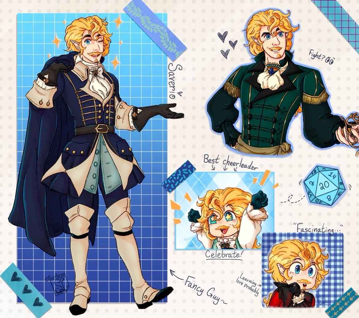 Blonde dapper dressed man with long ponytail and mustache Curse of Strahd character Saverio Sav washitape scrapbook chibi silly guy handsome Victorian dandy in blue green seafoam and red for my friend and for artfight