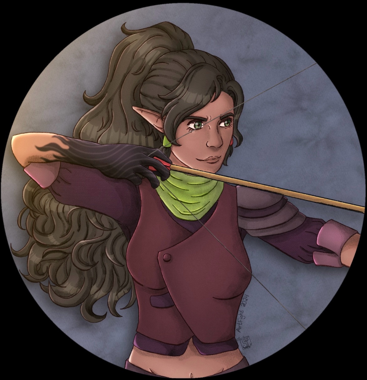 Tan skin brown hair green eyes woman girl ponytail bangs drawing back bow and arrow ranger dungeons and dragons dnd digital art art fight 2024 artist