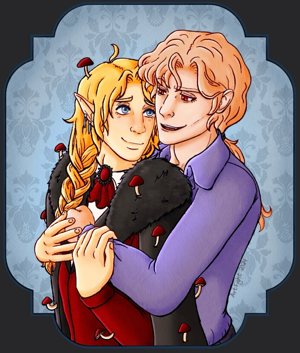 Vampire spawn Escher from Curse of Strahd Ravenloft dungeons and dragons campaign 5e and original character OC Finni gay boyfriends hugging from behind in love smug smirk sweet smile flirty mushrooms blonde elf BL boy love