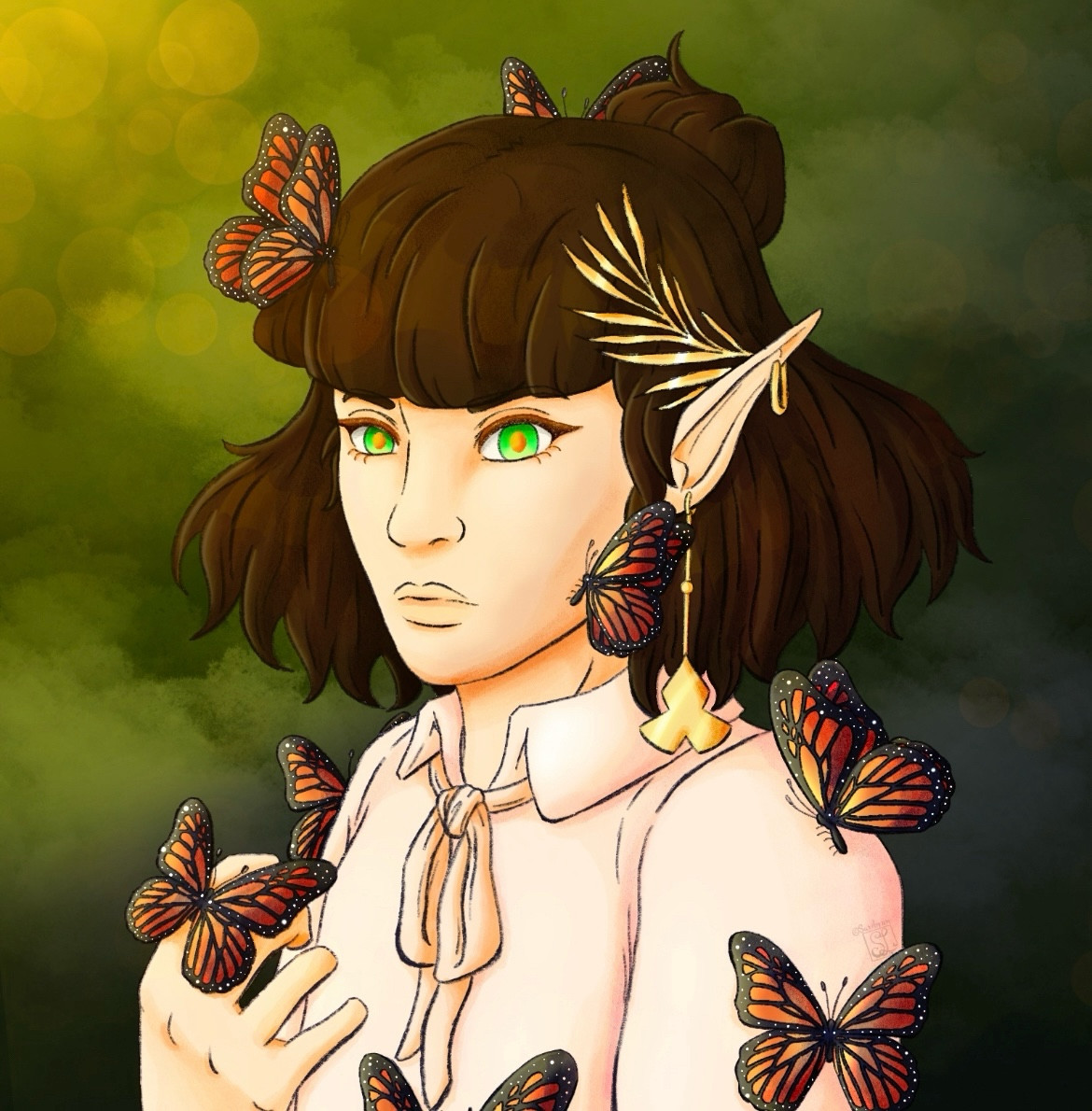 Nonbinary elven bard sorcerer with short dark hair and green eyes that has butterflies landing on them as they stand stoically against a blurry forest