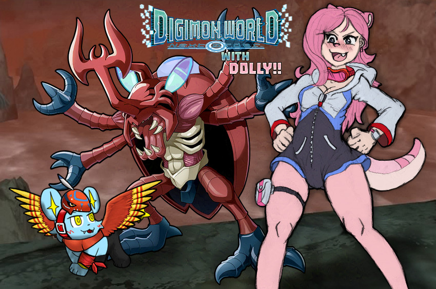 A promo image for today's stream! In the foreground is Dolly (pink otter girl) in the protagonist's incomprehensible outfit. In the background are Dolly's two Digimon, me (blue slug boy) as a MegaKabuterimon (big red rhinoceros beetle) with my antennae, and Slorb (a parody version of myself who is the blue lion Pokemon Shinx) in a Garudamon (red and yellow bird) outfit. We are standing in the volcano area of the game, Logic Volcano. The art of Dolly is by @errorrabbit. The art of Slorb is by @aceofdiamondsft.