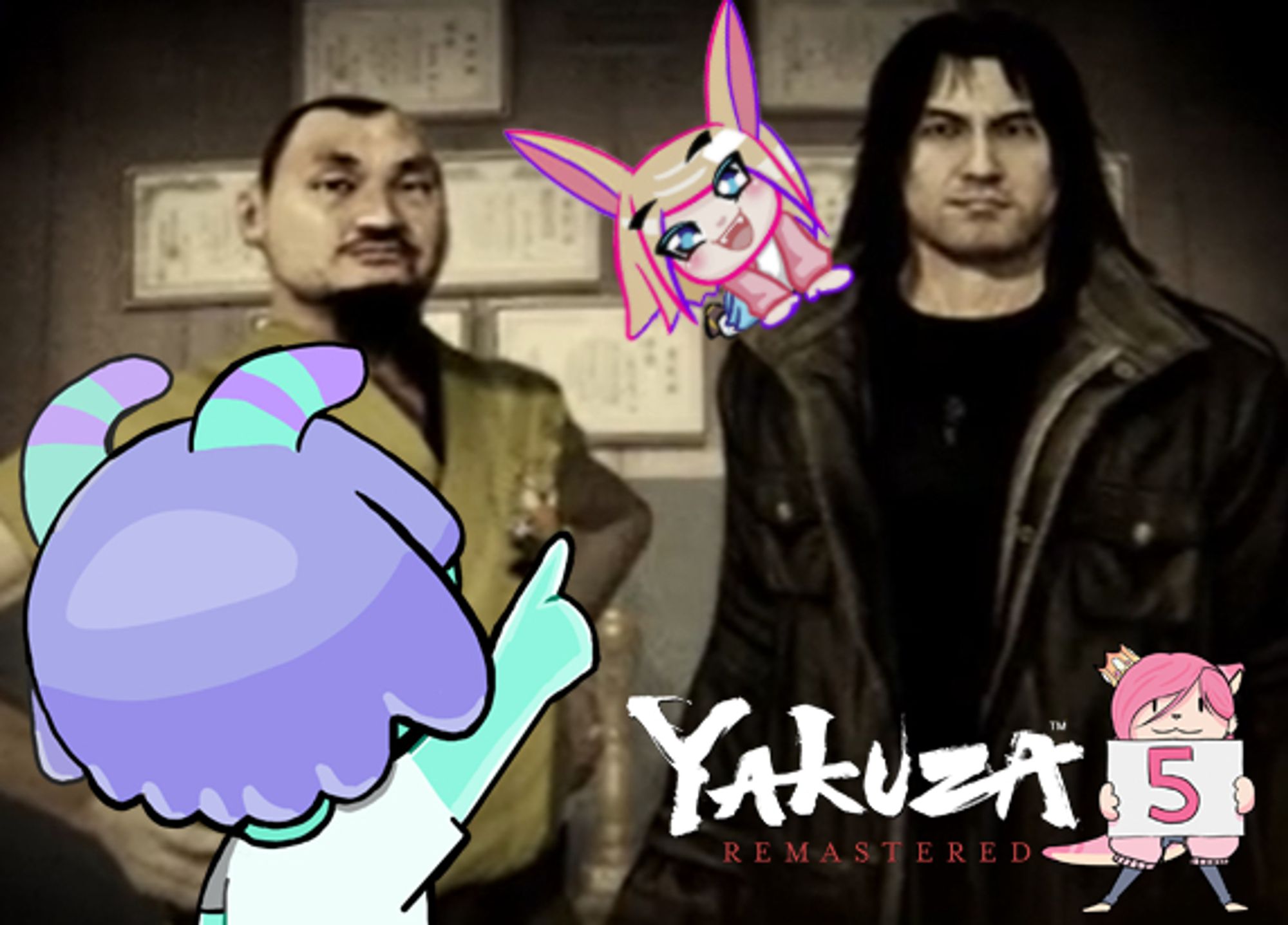 An image of Taiga Saejima (the man with long hair and the jacket) standing next to a man in a martial arts gi who looks kinda like DarkSydePhil. On Taiga's shoulder is a blonde bunny girl wearing pink, her name is Bean. In the foreground is me, a blurple sluggy boy, pointing at Bean. The text reads "Yakuza 5 Remastered" with Dolly, a pink otter girl, holding up the 5 sign.