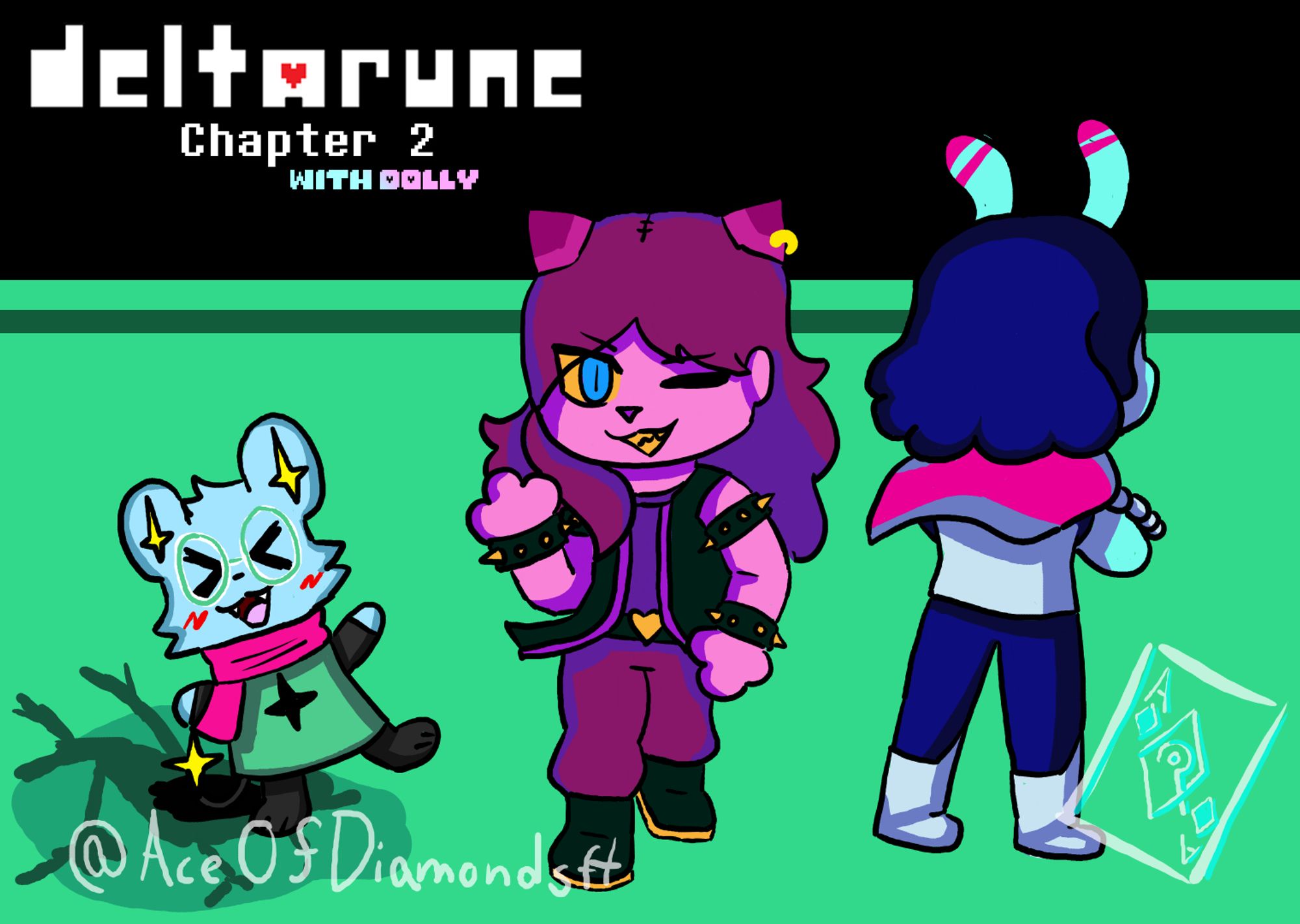 Art done by @AceofDiamonsft! It features from left to right: Slorb, a Shinx (blue lion Pokemon) wearing Ralsei's green and black outfit, Dolly, a pink otter girl, as Susie, earing susie's spikey pink and purple outfit, and me, a blurple slug boy, wearing Kris Deltarune's silver and blue outfit. The background is green and black. The text reads: Deltarune Chapter 2 with Dolly.