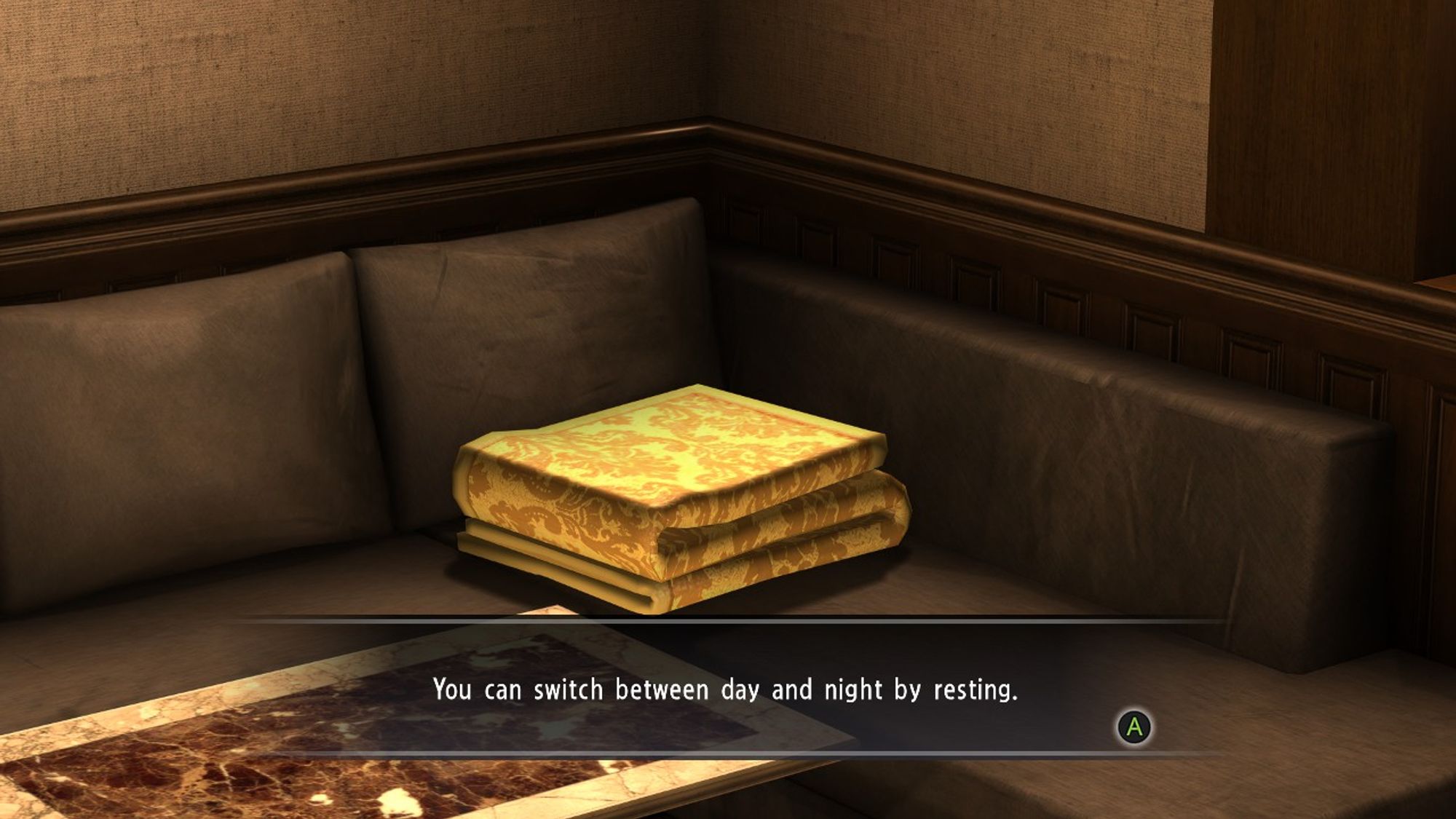 An image of a blanket on a couch from Yakuza 4. The text reads "You can switch between day and night by resting."