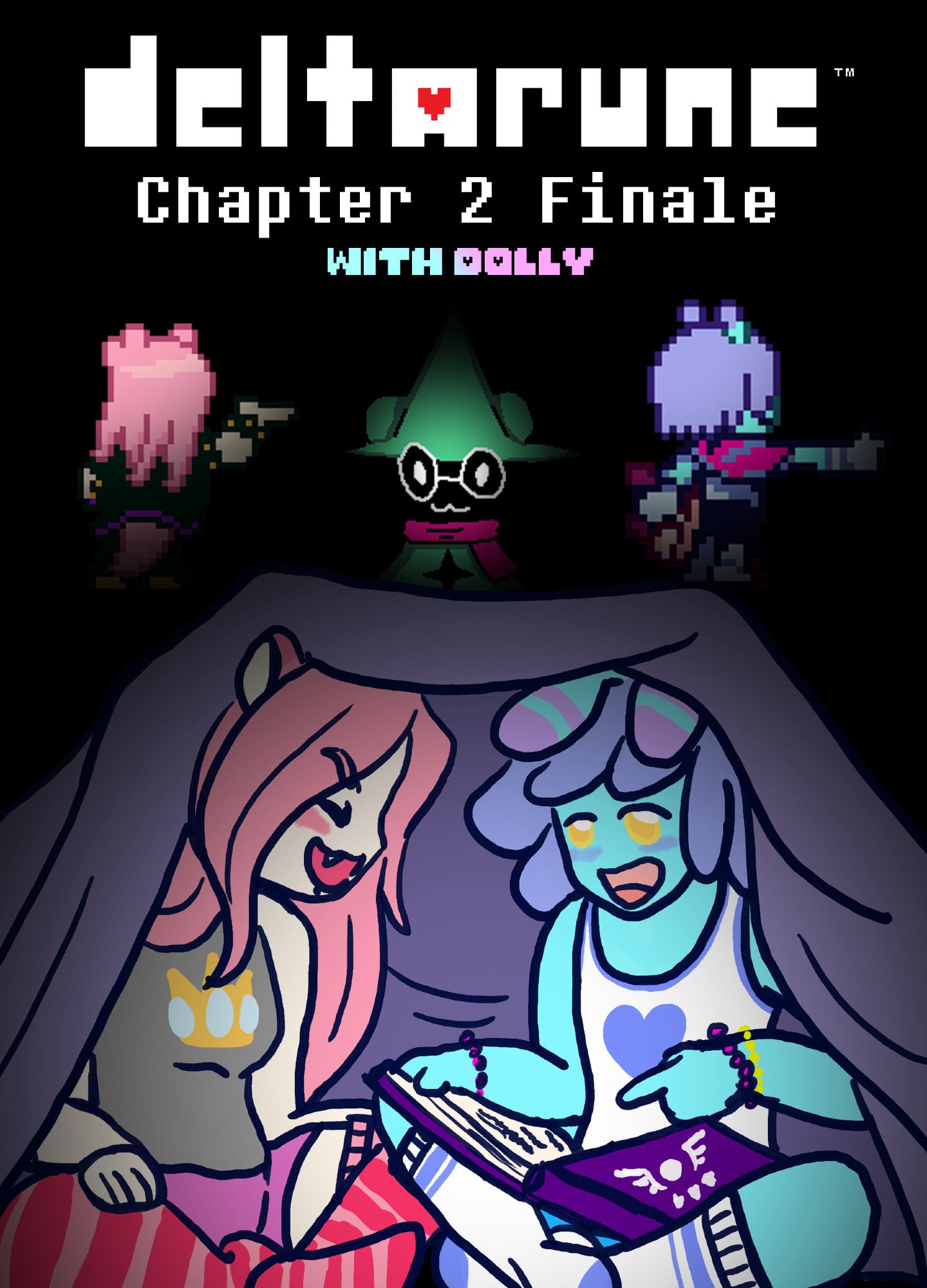 An image of me (a blurple slug boy) and Dolly (a pink otter girl) in our jammies under a blanket reading a book with the Delta Rune on the cover. Above us from left to right are Dolly as Susie turned away, Slorb (a Shinx) as Ralsei facing the viewer, and me as Kris facing to the right; all of them are obscured in shadow. The text reads "Deltarune Chapter 2 Finale With Dolly". The art of us under the blanket is by @GoblinHugger, the sprite art is by @DamascusVT, and the Slorb art is by @AceofDiamondsft.