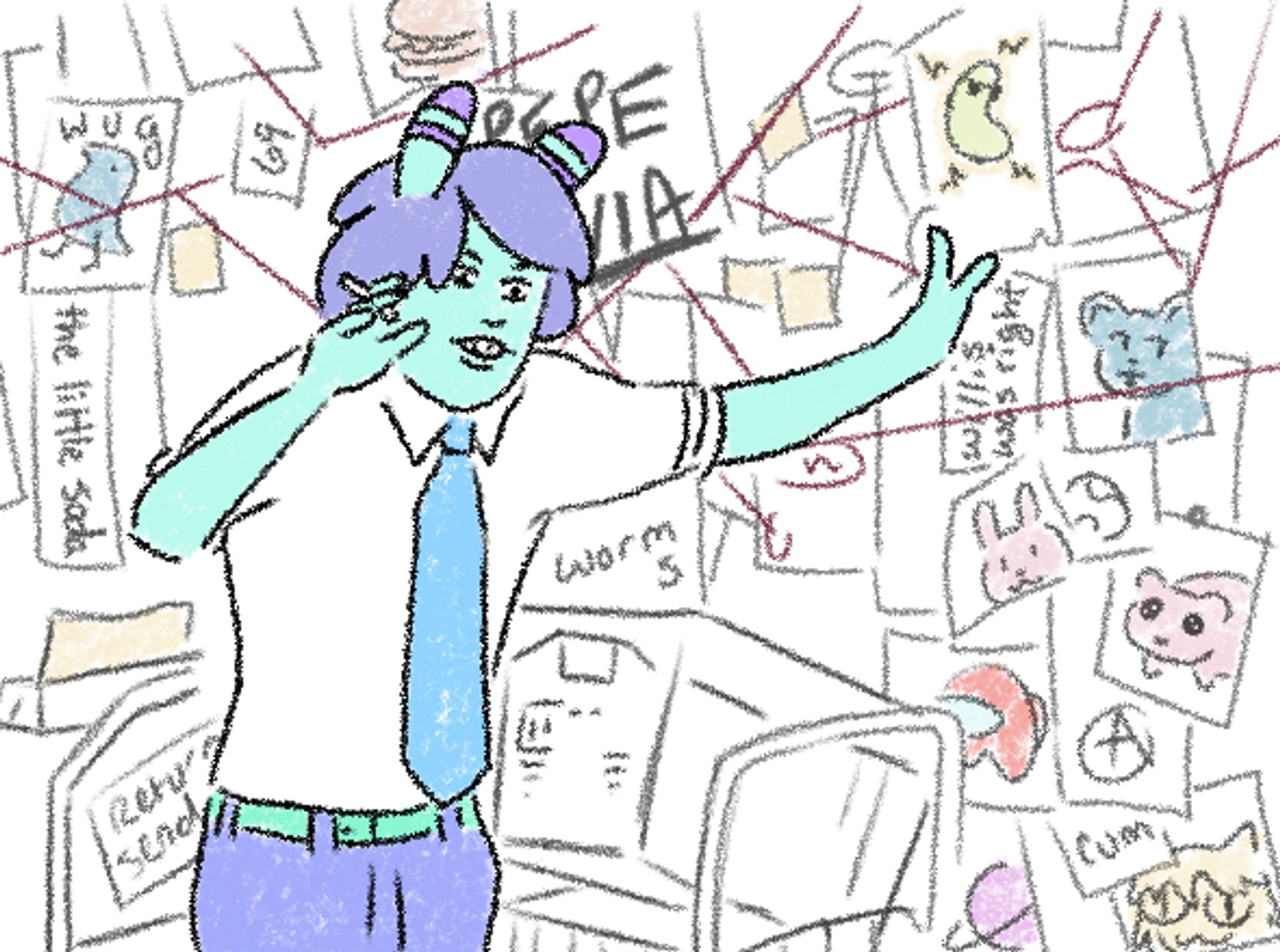 An image of me, a blue slug boy with purple hairm wearing a white button up, a blue tie, and purple pants, holding a cigarette, looking unhinged, and standing in front of the iconic PEPE SILVIA board from It's Always Sunny. There's lots of little nods, mostly to my community, in the background such as a blue bird called a Wug, 69, a hamburger, "worm s", "PEPE SILVIA, an electric pickle with sunglasses, a blue Shinx, "willis was right", a pink bunny, a pink otter, a red amogus, a purple planet, an anarchy symbol, "cum", and a yellow Neco Arc.